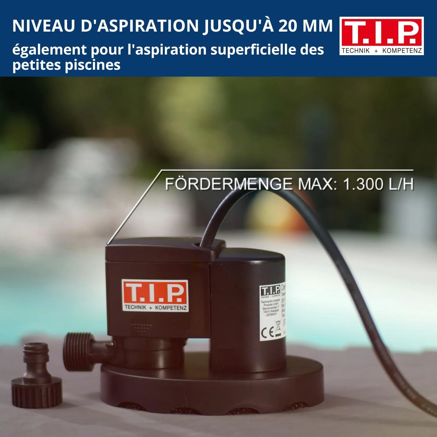 T.I.P. CoverOne 1500 AUT Pompe à Bâche de Piscine Automatique, 1300 l/h | Pompe vide-bâche avec interrupteur à flotteur et protection marche à sec, idéale pour l'aspiration à plat des bassins