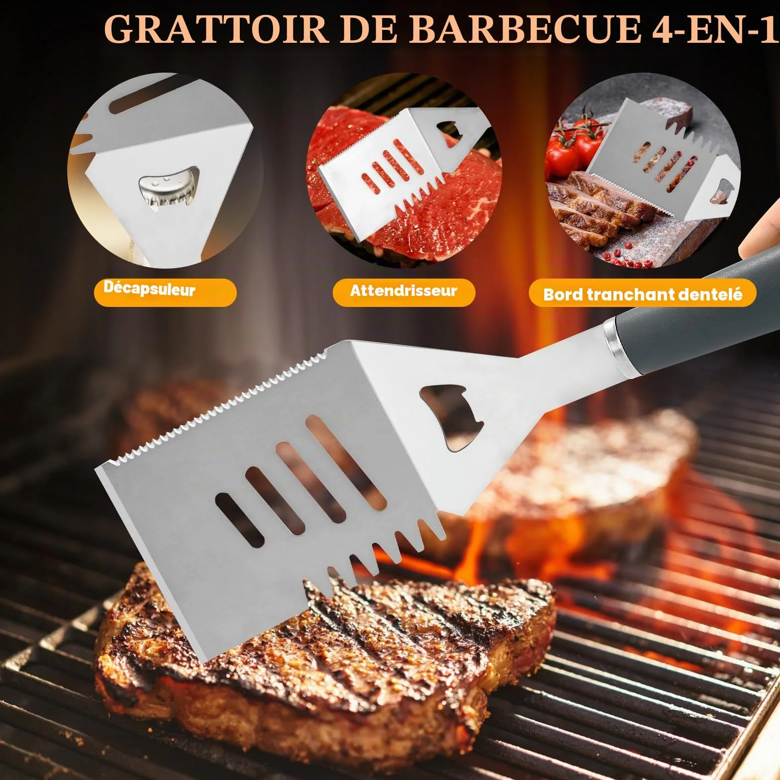 Set d'Accessoires Barbecue 10 Pièces Inoxydable - Ustensiles de Cuisson Extérieur avec Pince, Spatule, Fourchette & Brosse
