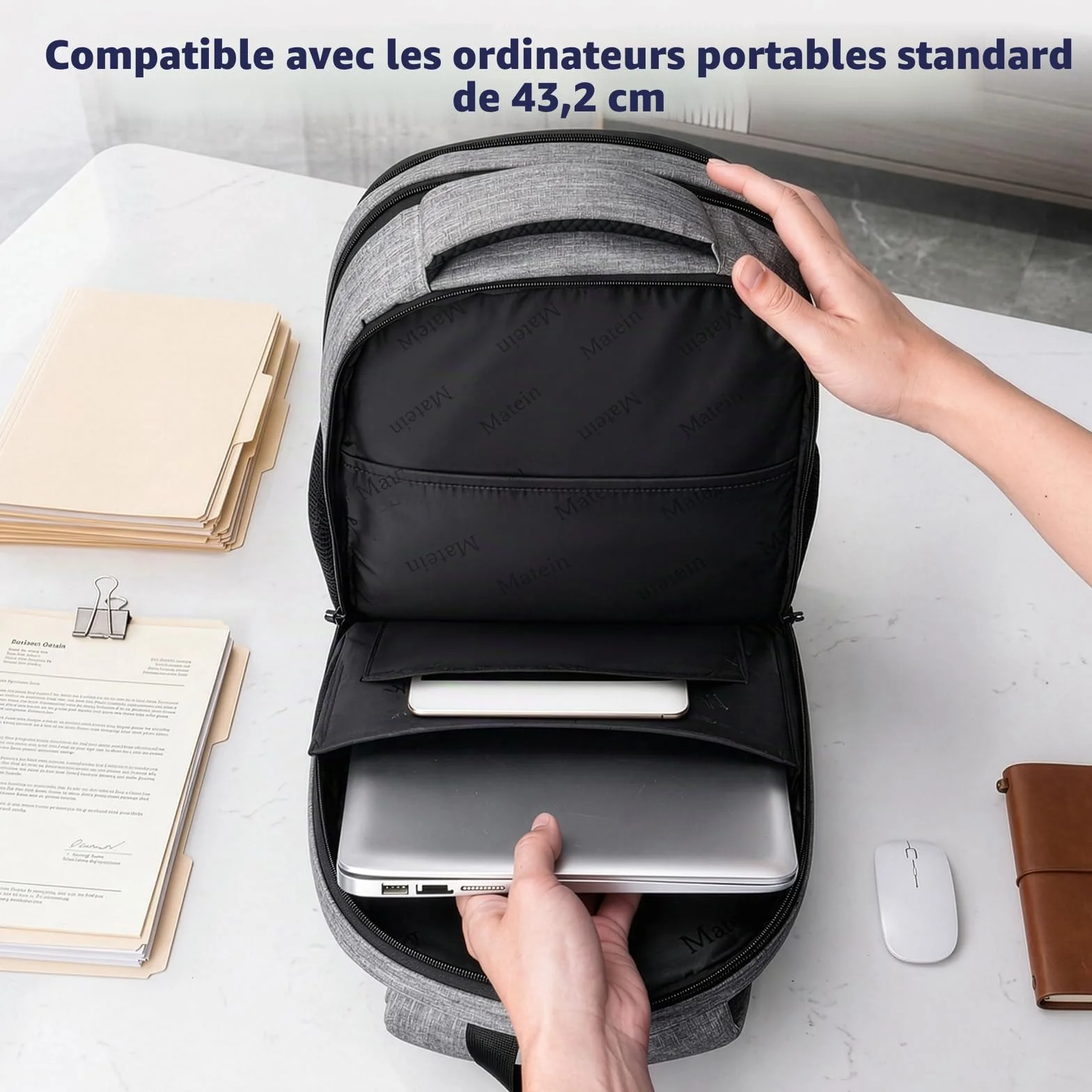 MATEIN Sac à Dos Ordinateur Portable 17 Pouces Imperméable Voyage Homme Femme Gris