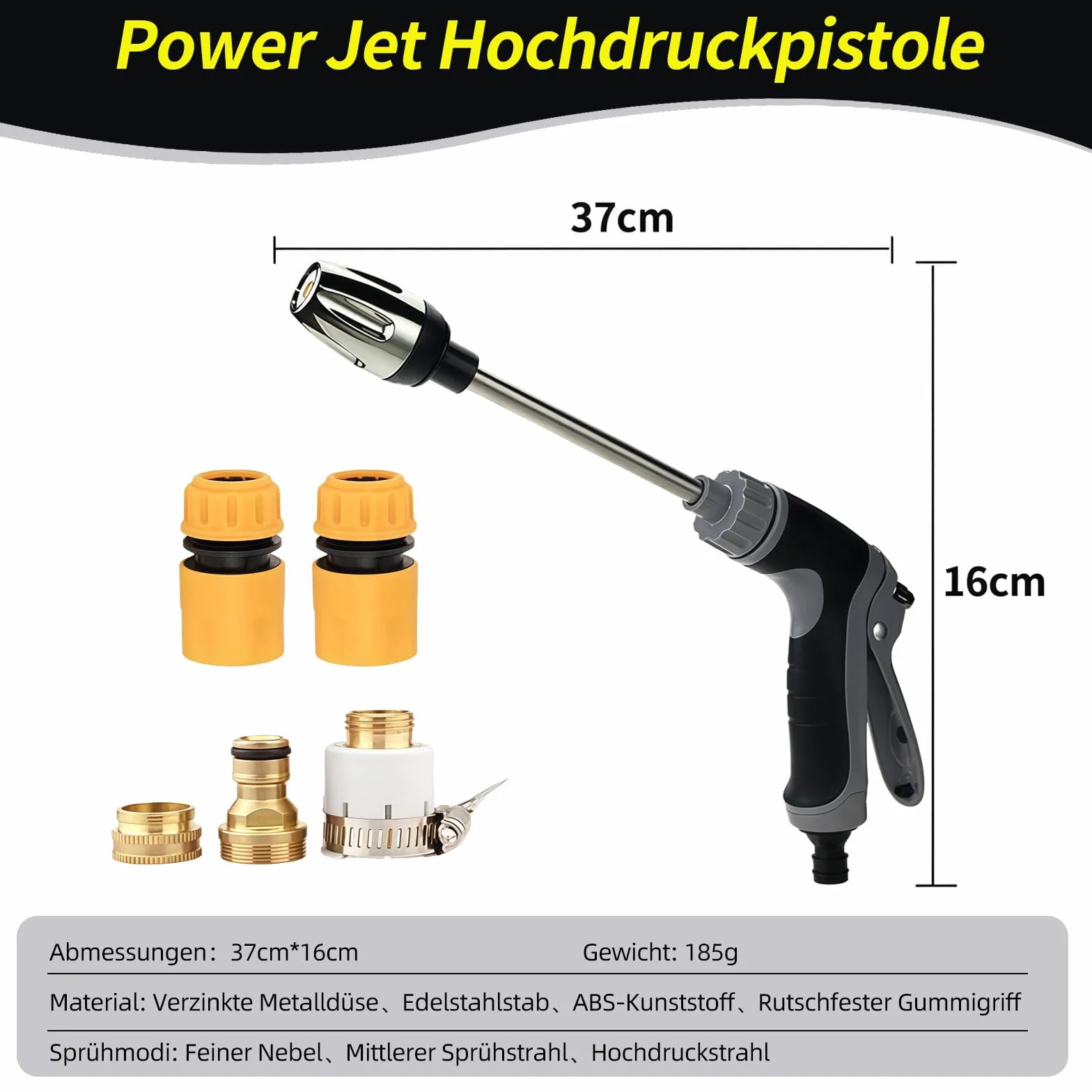 Power Jet Pistolet à haute pression Set de tuyau de jardin, nettoyeur haute pression avec adaptateur en laiton, 3 modes de pulvérisation