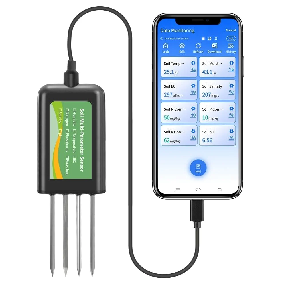 Testeur de sol USB 8 en 1, capteur de sol, testeur numérique des sols avec analyse du pH, de la température, de l'humidité et des nutriments NPK