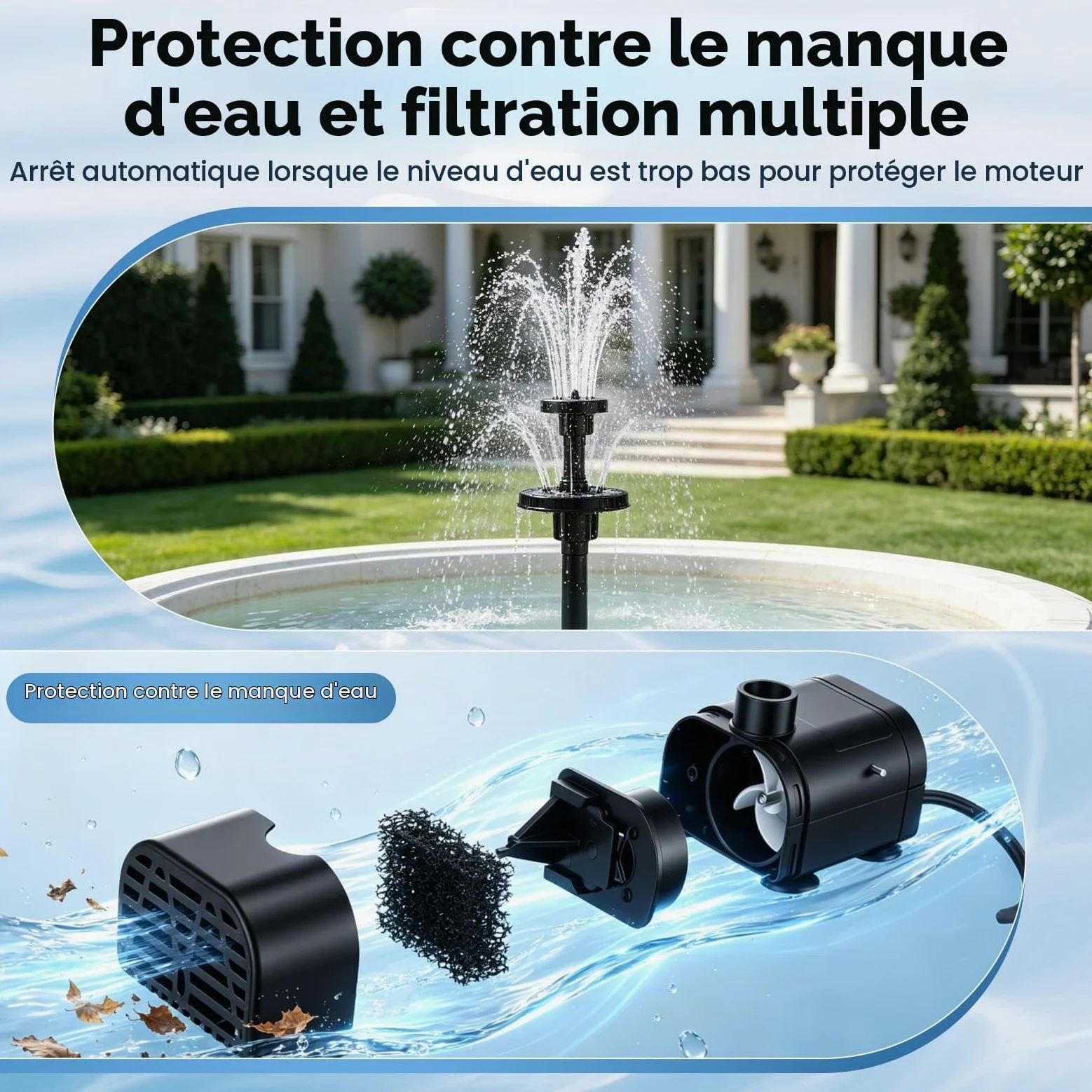 Pompe Solaire Bassin Exterieur 8W,avec 8 Buses,Effet Double Couche | avec Batterie 3600 Mah,Protection Contre Surchauffe,Pompe Solaire pour Bassin,Bain d'oiseaux,Jeu d'eau De Jardin