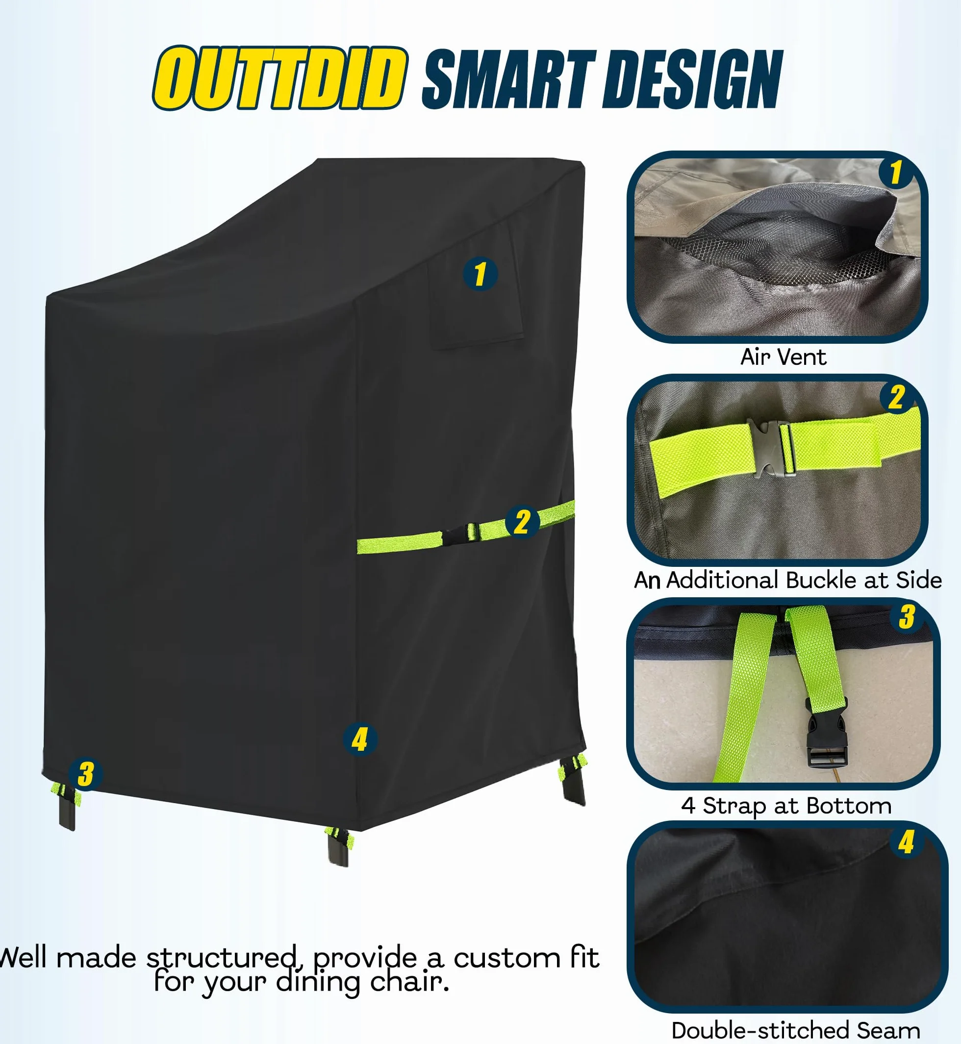 Housse de Protection pour Chaises de Jardin Empilables Imperméable, Tissu Oxford 600D, 71x91x80/120cm, Noir