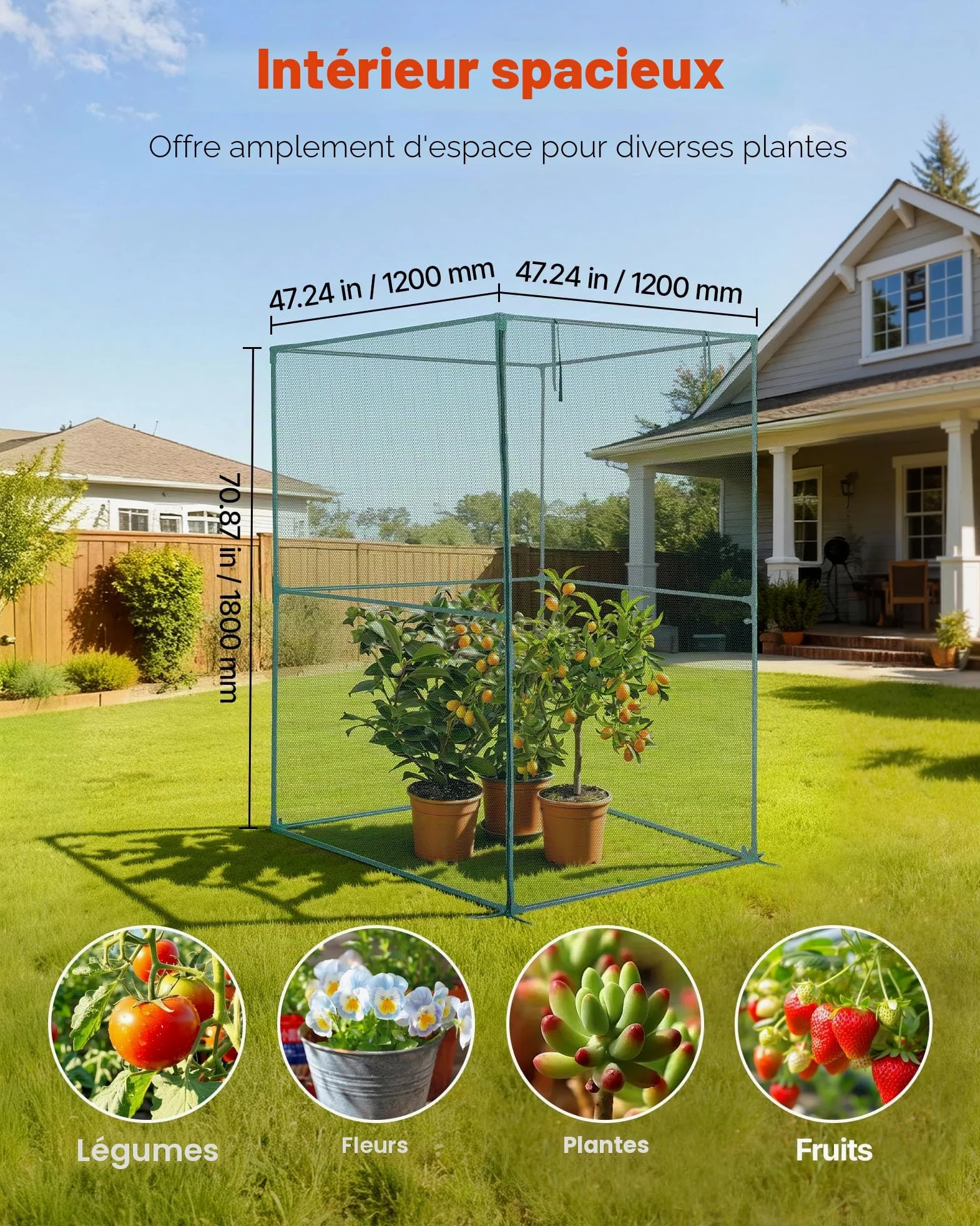 VEVOR Cage à Culture Jardin 1,2x1,2x1,8 m Cage à Plantes avec Porte Zippée pour Tomates, Filet Anti Oiseaux Résistante au Vent Filet de Protection de Plantes Couverture de Potager Surélevé Extérieur