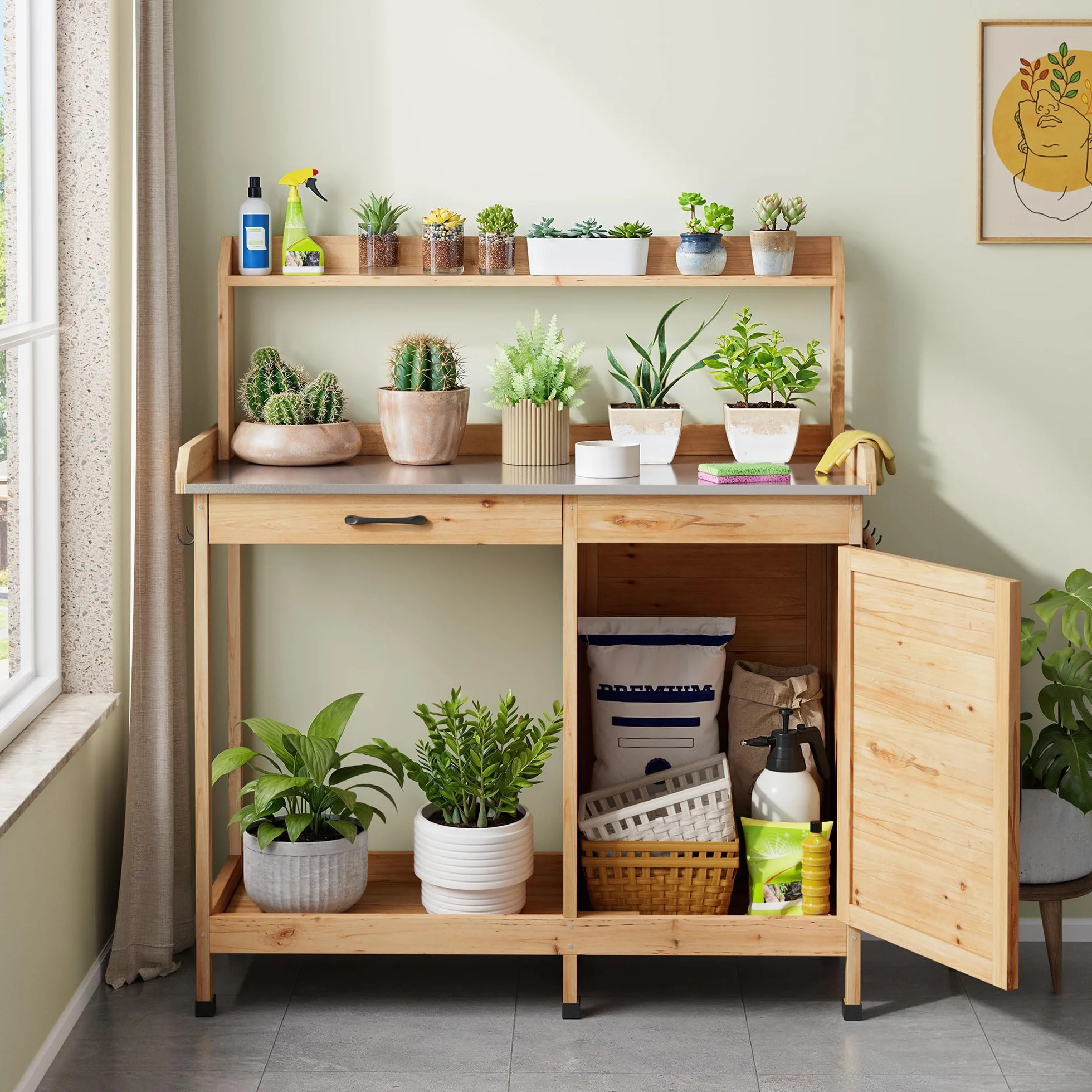 Table de Jardinage Bealife pour Plantes avec Banc, 111,6 x 46,5 x 125 cm, Naturel