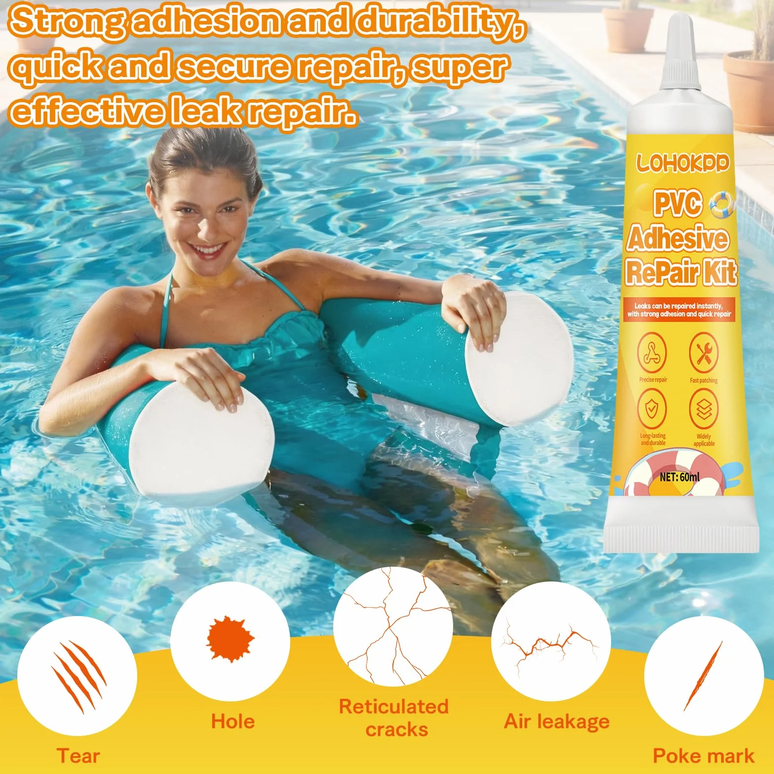 Kit Réparation Piscine 60ml Colle PVC Rustines Transparentes Imperméable