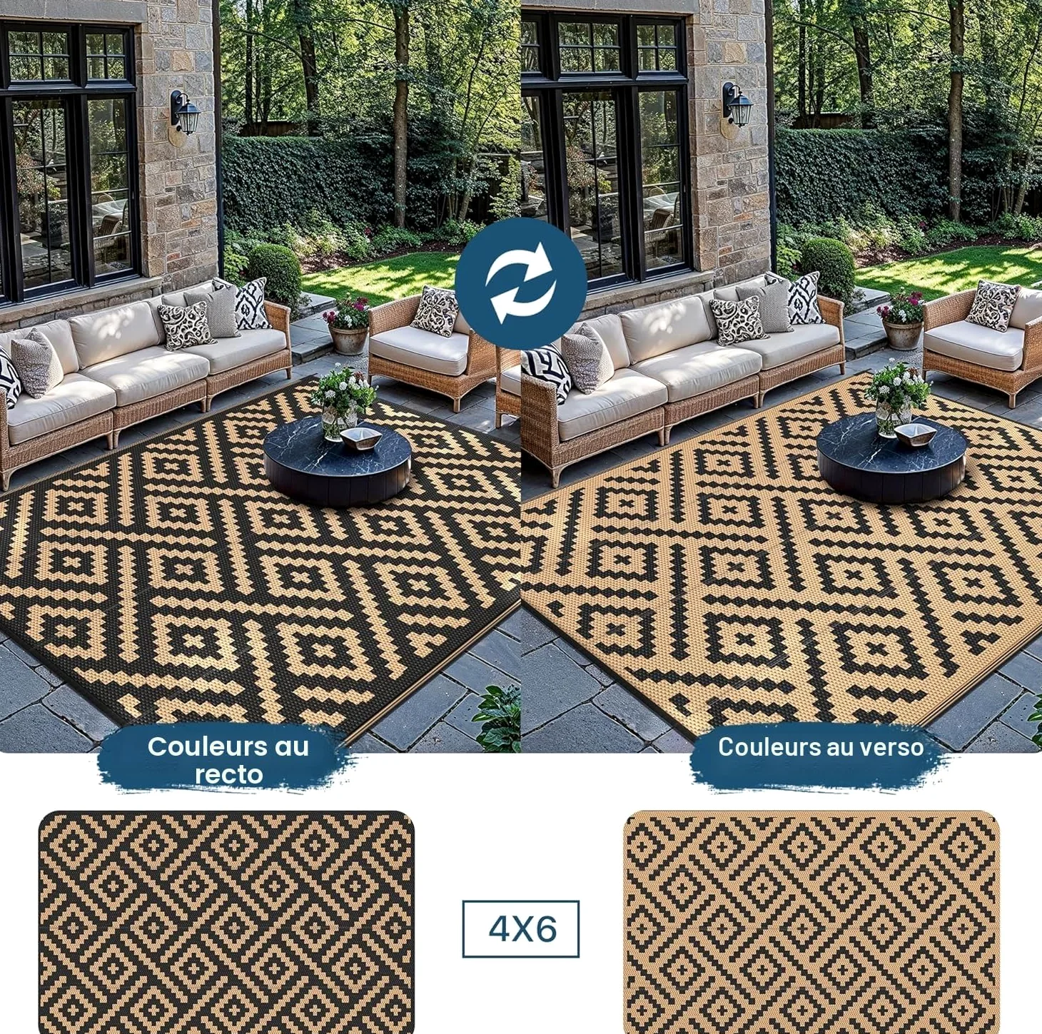 GENIMO Tapis Exterieur Resistant Pluie Terrasse, Reversible Résistant aux UV Tapis Extérieur, Couverture de Pique-Nique Portable pour Jardin, Balcon, Camping, Barbecue, 120x180cm, Noir & Brun