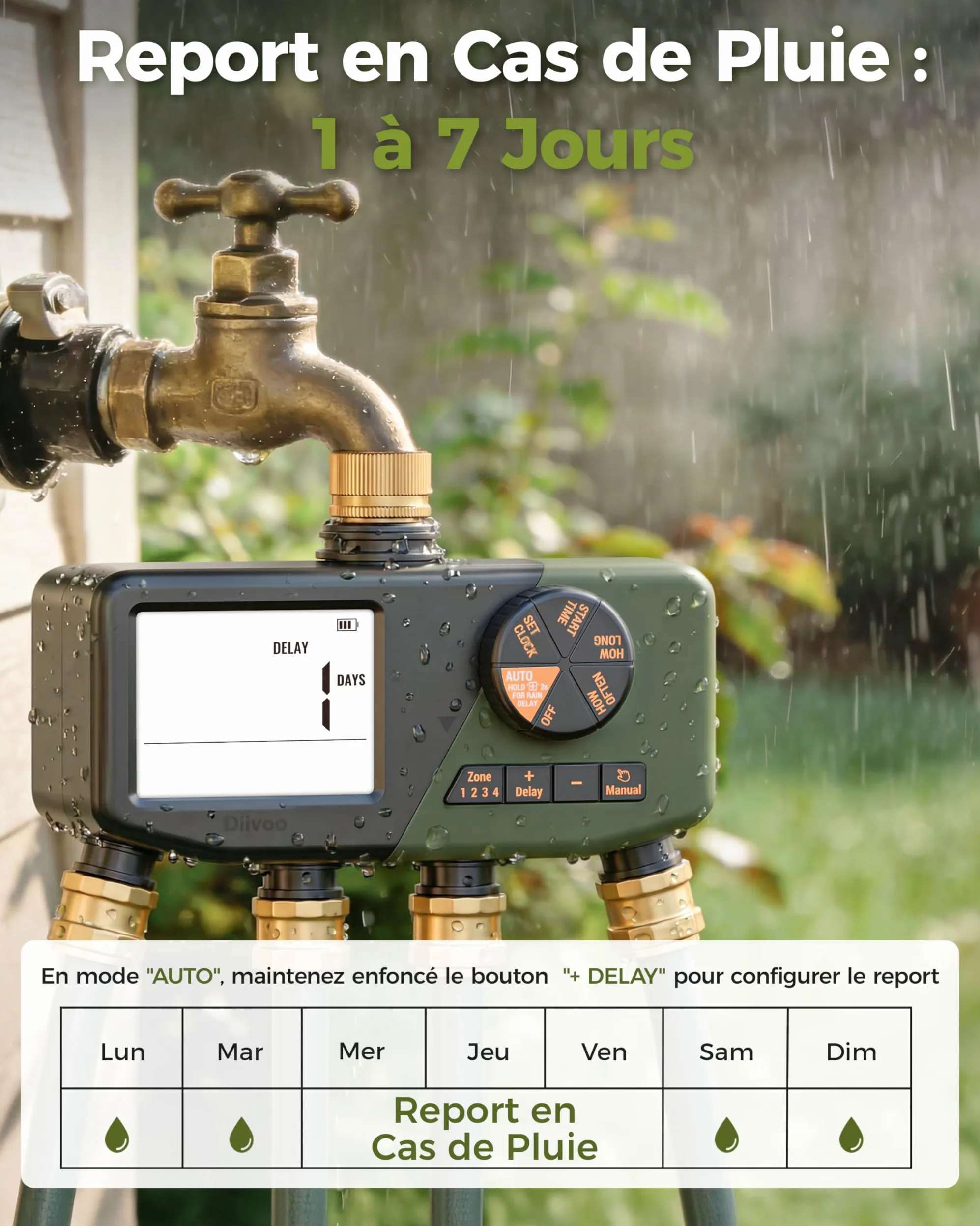 Diivoo IP68 Programmateur Arrosage 4 Voies avec Entrée en Laiton | Grand Écran LCD, Retard de Pluie, Arrosage Manuel/ Automatique, Convient pour Jardin, Pelouse