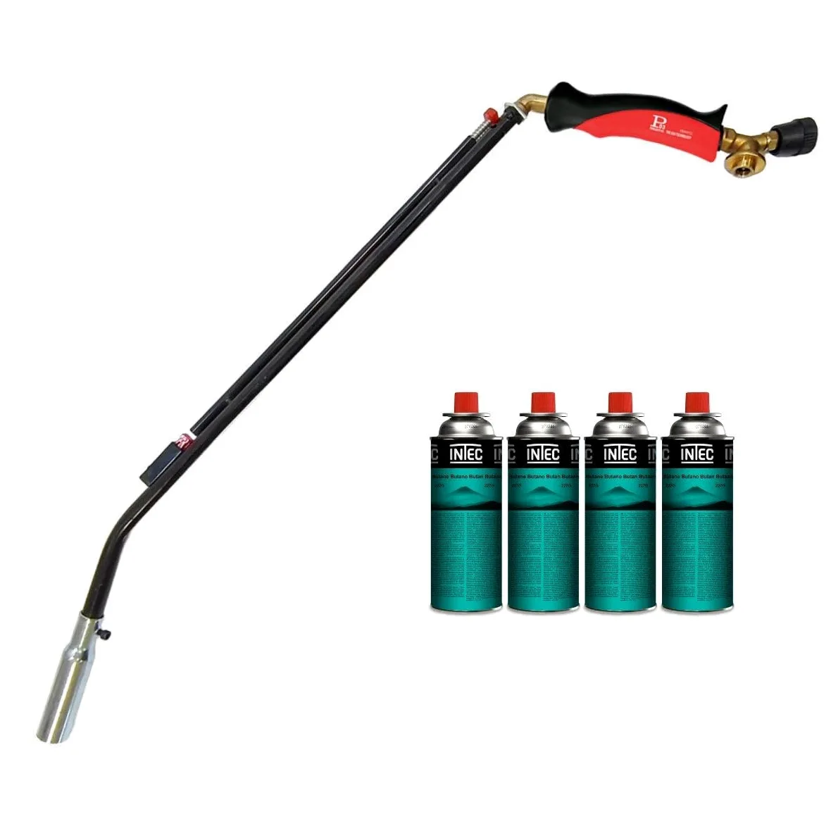 INTEC - Désherbeur thermique à gaz 1100W + 4 cartouches de gaz Butane Brule Herbes Allumage piezo + Adaptateur multicartouche