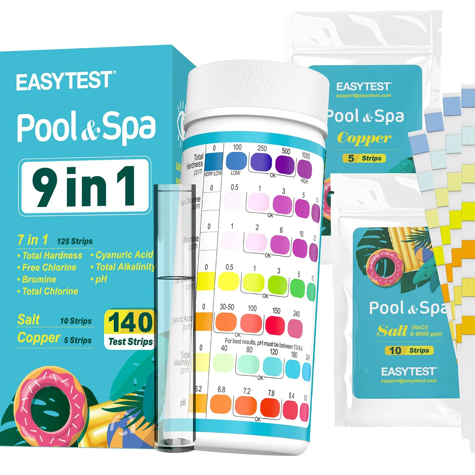 EASYTEST 140 bandelettes de test de piscine à 9 voies, jacuzzi et spa, pour le pH, le chlore total, le chlore libre, le brome, l'alcalinité, la dureté totale, l'acide cyanurique, le sel et le cuivre