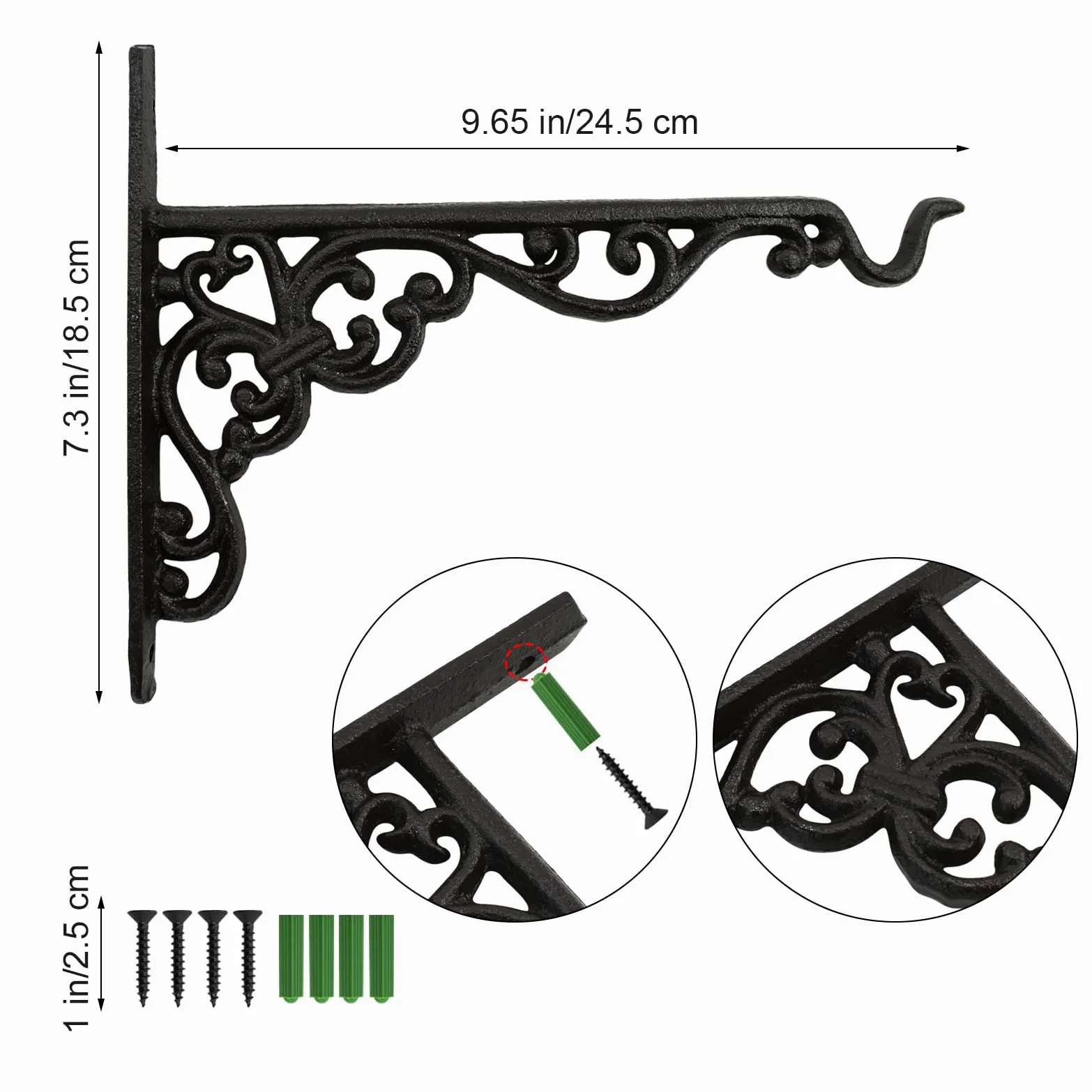Lot de 2 supports de plante à suspendre de 25 cm, crochets muraux en fer forgé pour intérieur et extérieur, crochets muraux pour mangeoire à oiseaux/lanterne carillons éoliens