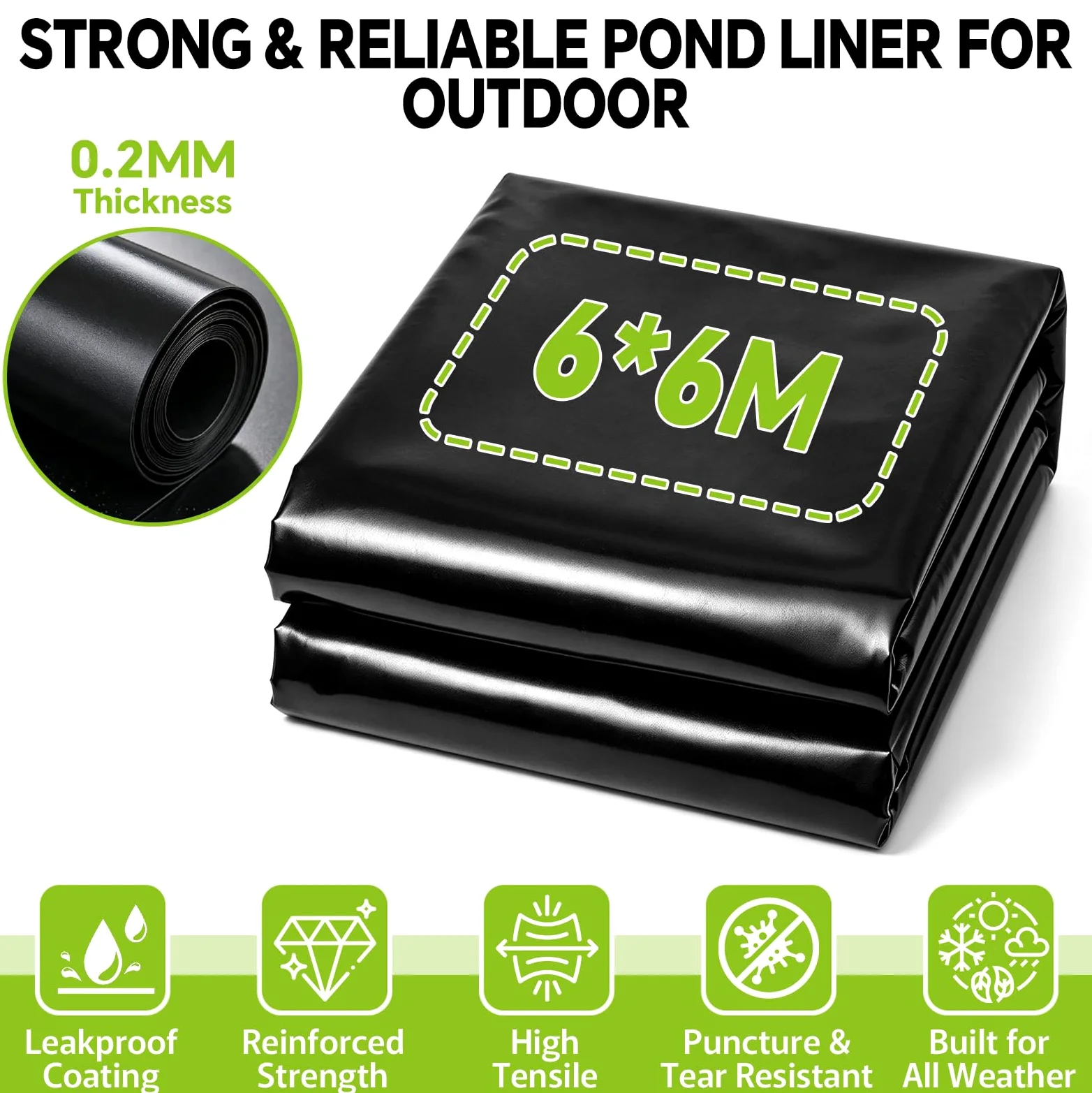Bâche pour Bassin, Bâche Noire en PEHD de 0,2 mm, 6 M x 6 M | Etanche, pour Bassins à Poissons, Fontaines, Jardins Aquatiques et Cascades, Bassins de Jardin, Vasques