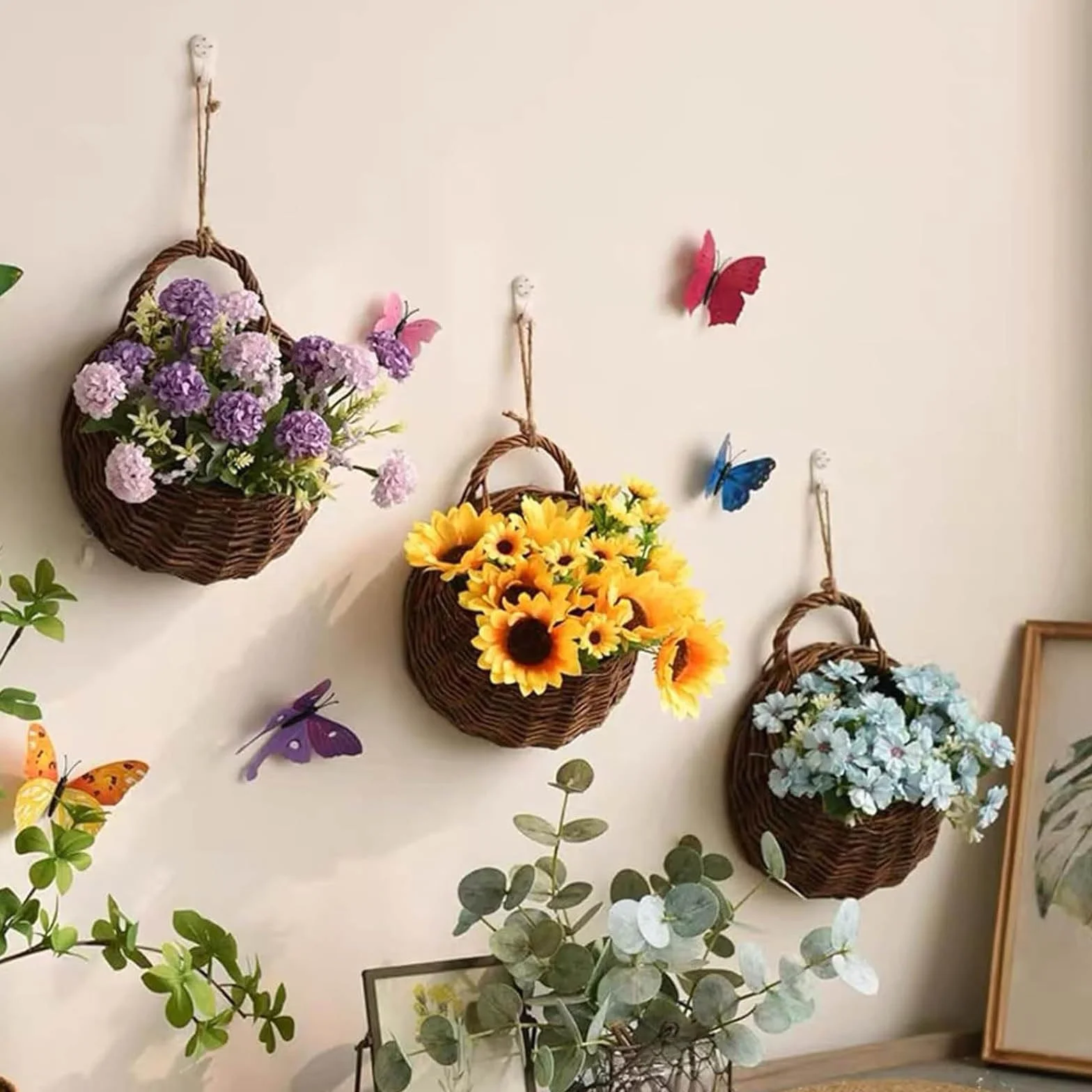 Pots de Fleurs à Suspendre En Rotin, Panier Porte-Fleurs Suspendu Tissé à La Main pour Plantes Intérieure ou Extérieure