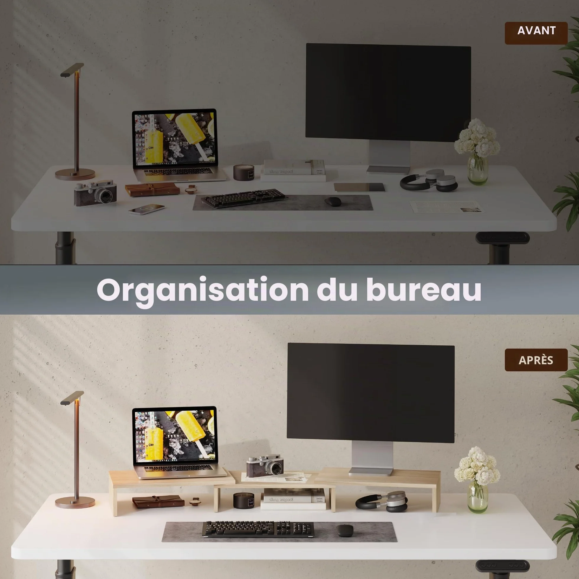 FITUEYES Réhausseur d'Écran en Bois Support de Moniteur Réglable 92,5-108x23,5x10,2cm Chêne