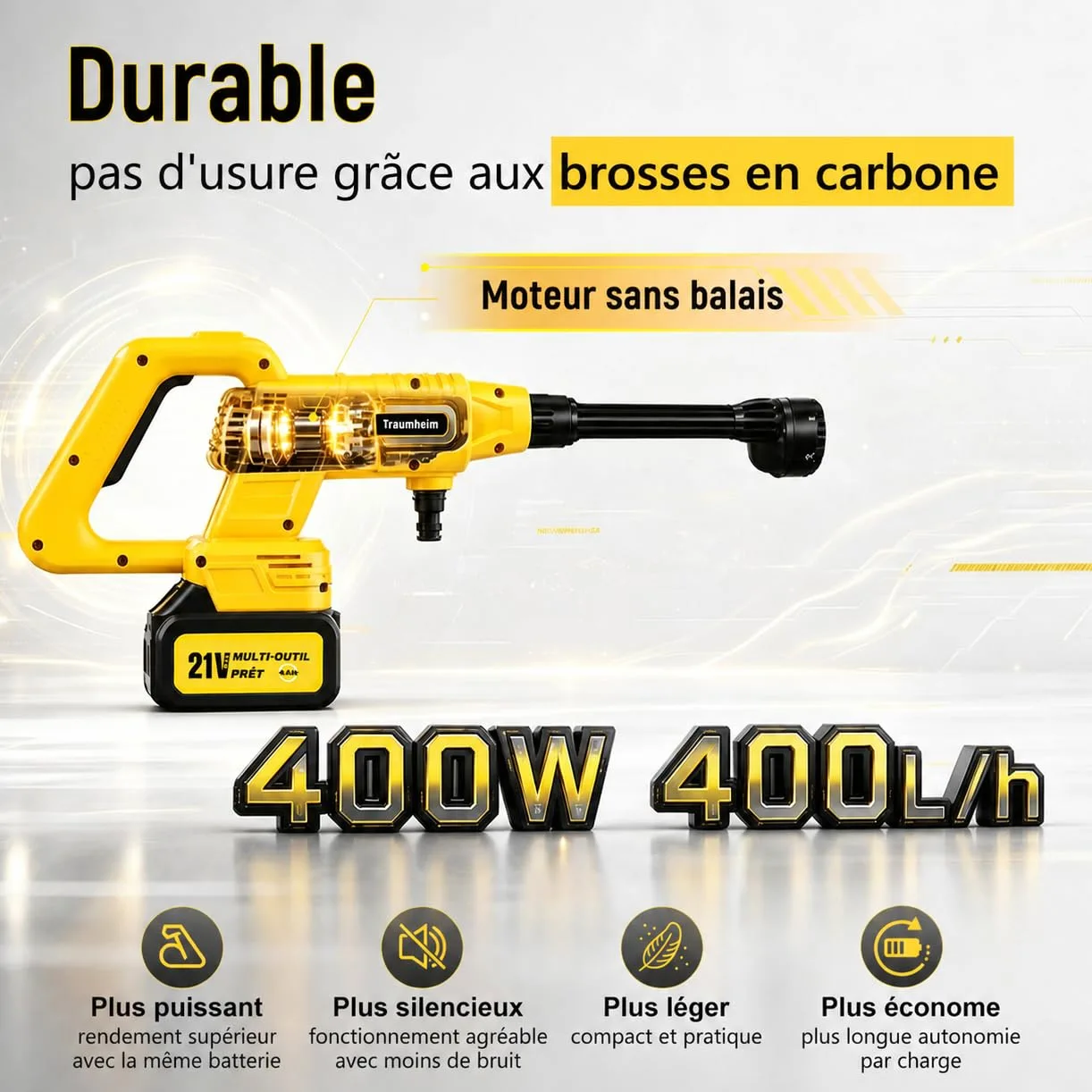 Nettoyeur Haute Pression à Batterie 21V, 68 Bar / 990 PSI, avec 2 Batteries de 4000 mAh, Ensemble d'accessoires de 17 pièces, Tige d'allongement,Jaune foncé | Moteur sans balais, buse rotative à 180°/360°, buse 6 en 1, raccord de bouteille, barre d'extens