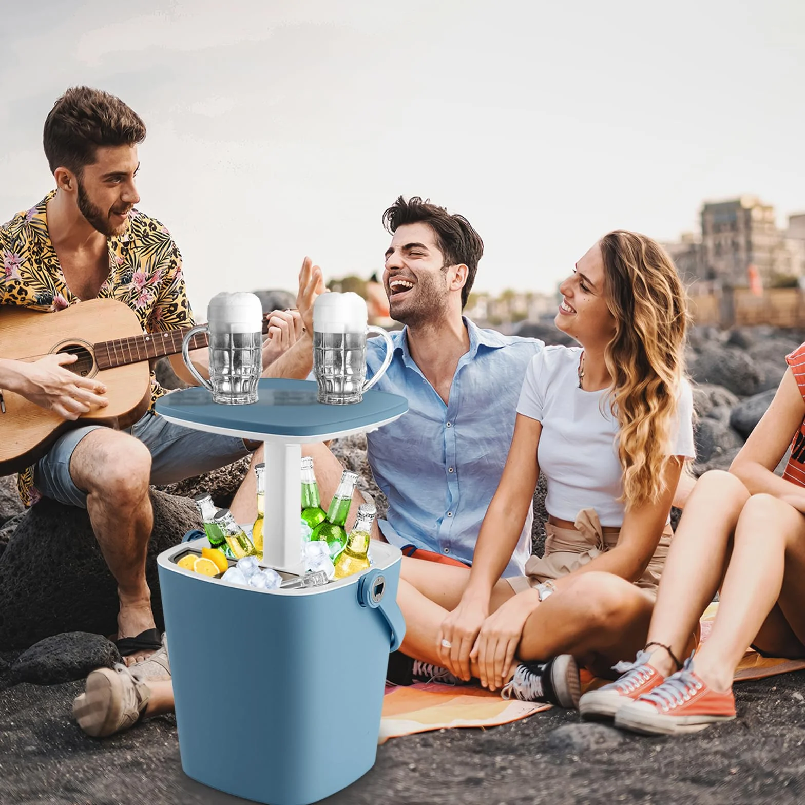SOARS Bar Exterieur 3 en 1 15L Table d'Appoint Réglable en Hauteur 35 x 34 x 37-58 cm avec Boîte à Glace, Pince, Refroidissiment Jusqu'à 6H, Table pour Jardin Piscine Salon Chambre Bleu