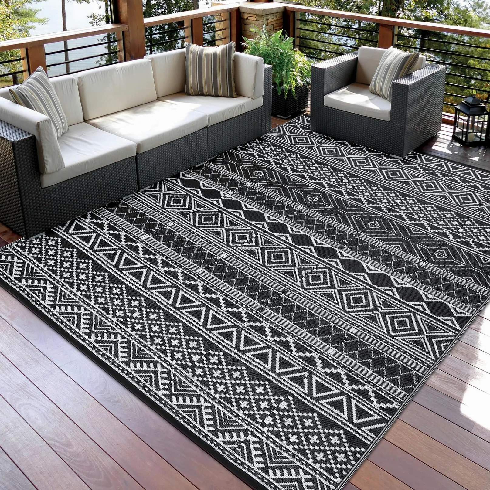 Tapis d'extérieur réversible imperméable pour terrasse 240 x 300 cm | Tapis d'extérieur léger et pliable en paille en plastique pour camping-car, porche, balcon, jardin, pique-nique, noir/blanc