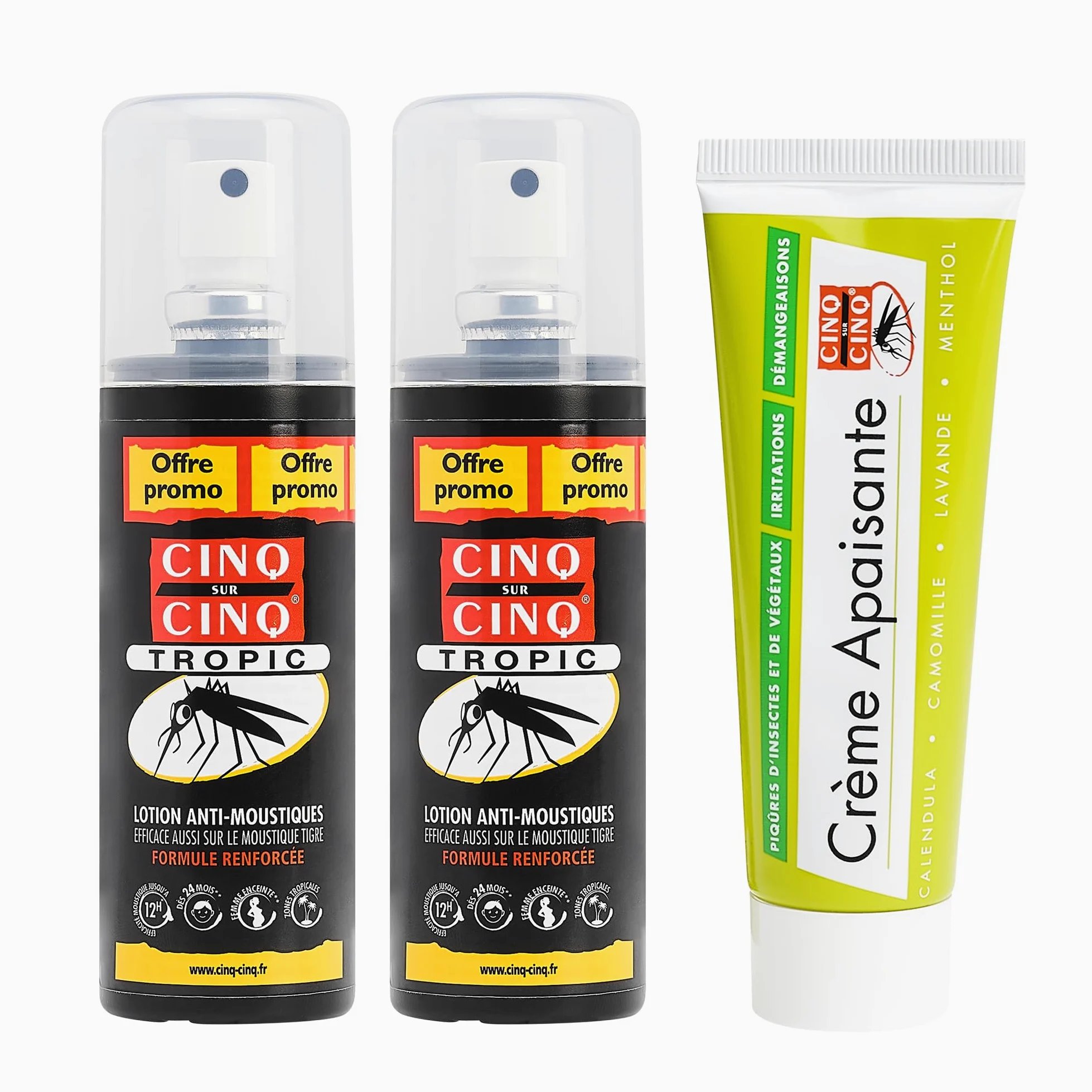 CINQ SUR CINQ | Kit Anti-Piqûres | Tropic spray lotion anti-moustique 2x 100ml + Crème Apaisante 40g | Efficace contre les moustiques tigres | Formule renforcée | Pour adultes & enfants dès 3 ans