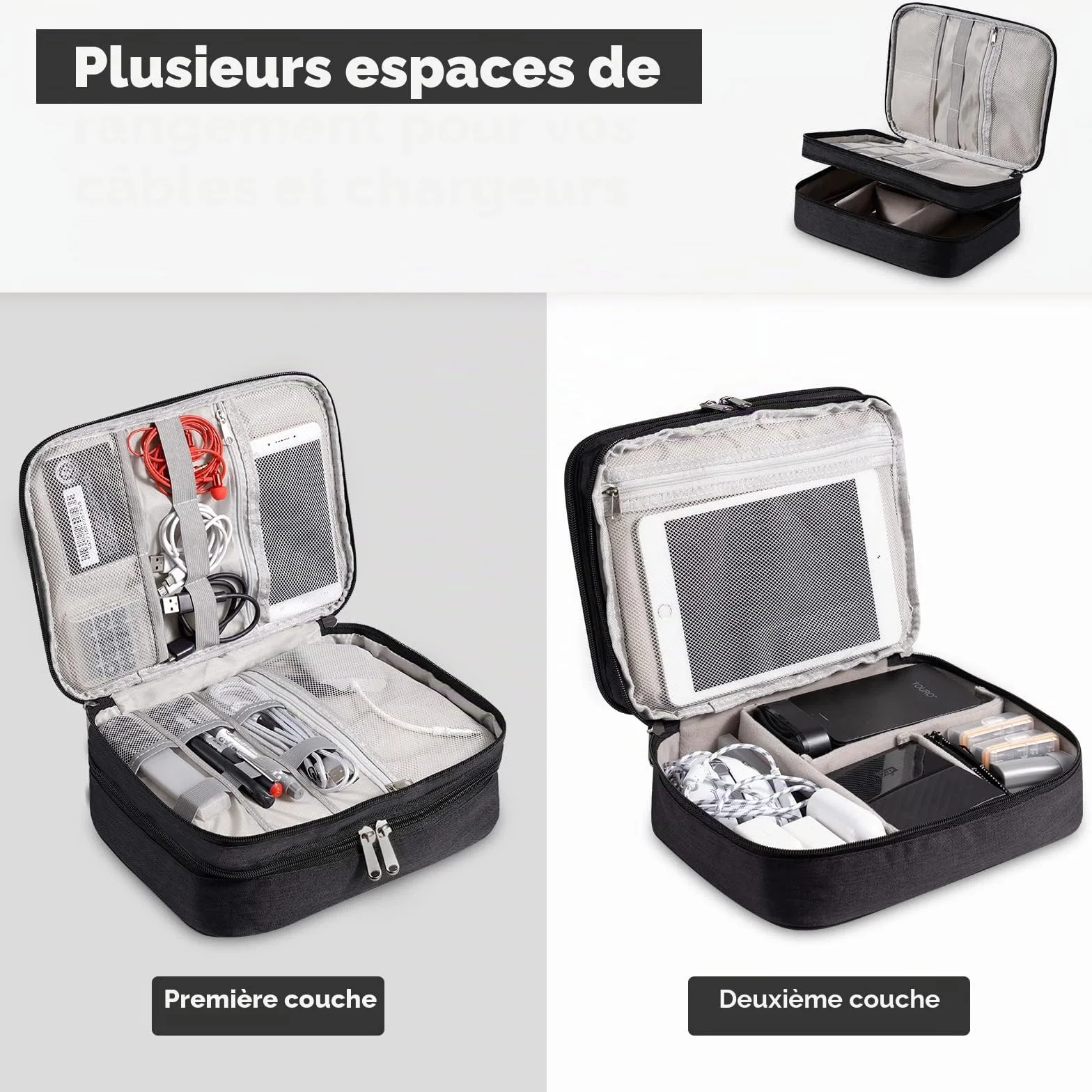 OrgaWise Sac Électronique Multifonctionnel Portable Étanche pour Tablette, Disque Dur, Chargeur (Noir, 3 Couches)