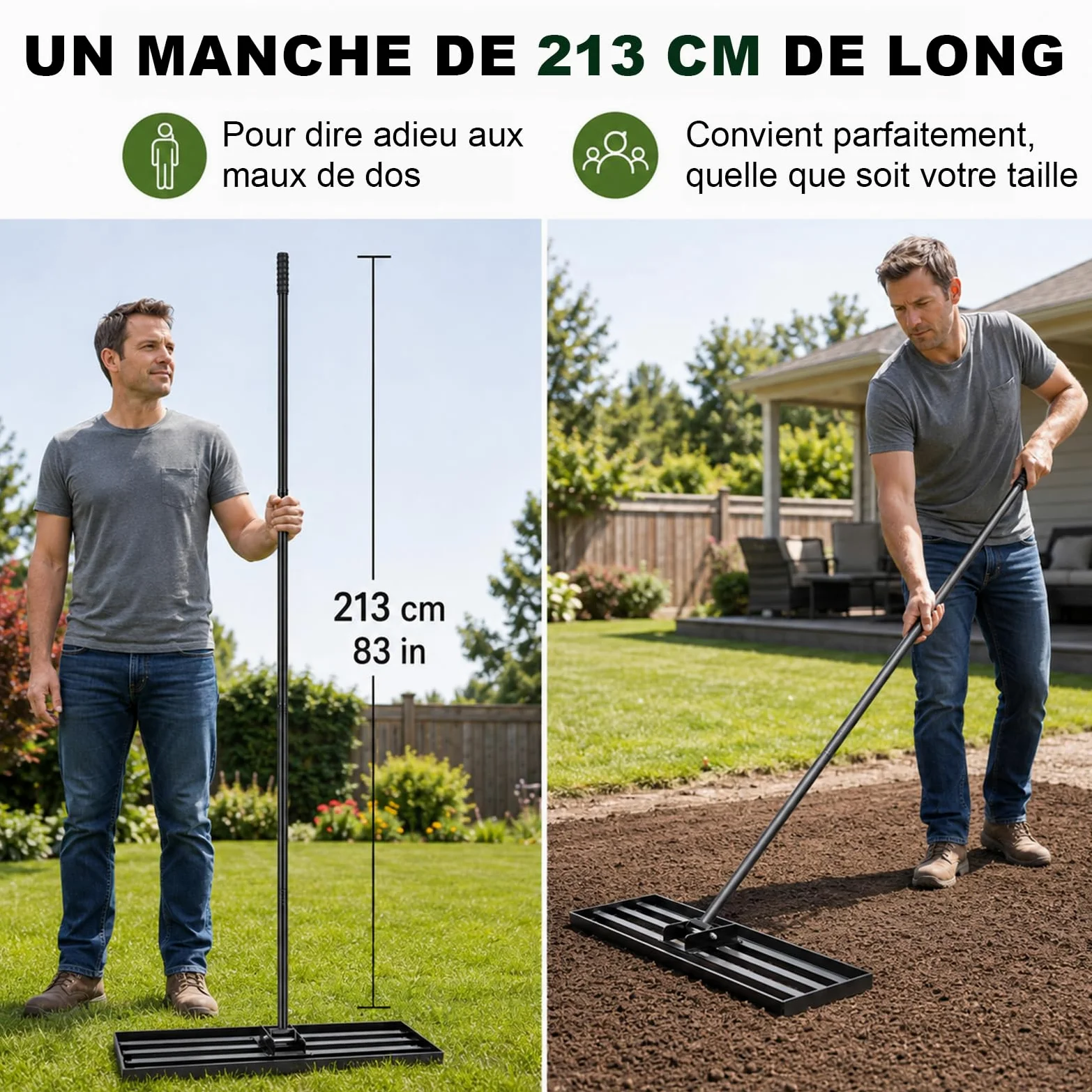 Râteau Niveleur de Gazon 114,3 × 25,4 cm avec Manche en Acier Inoxydable 213 cm, Râteau de Nivellement Extra Large pour Pelouse, Terre, Sable et Terreau, Outil de Jardin Robuste pour Grandes Surfaces