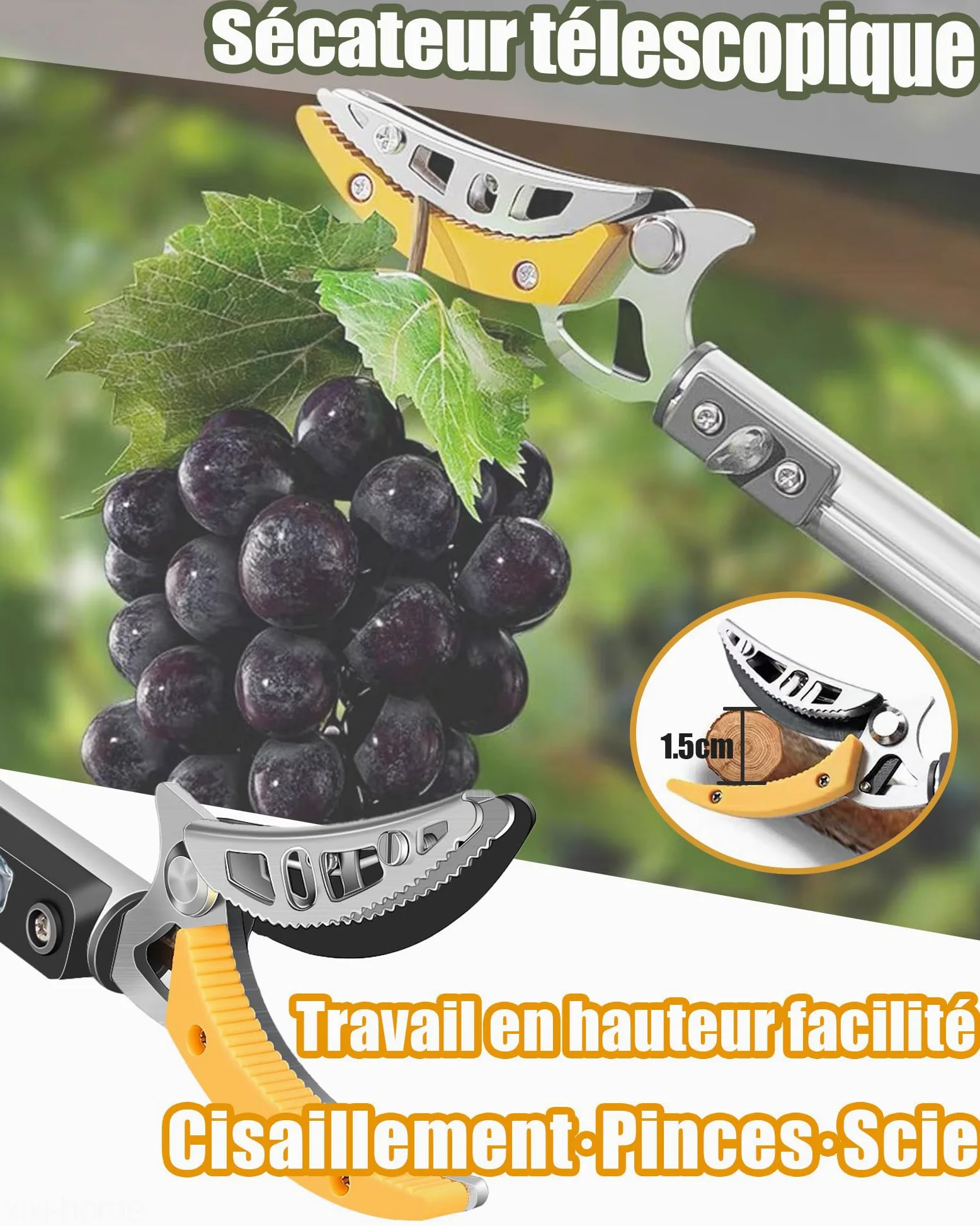 Sécateur Télescopique Sécateur de Jardin Télescopique Extensible Multifonction 1.4 à 3 m pour travailler sur de longues distances lame de scie la cueillette de fruits-2 têtes de couteau