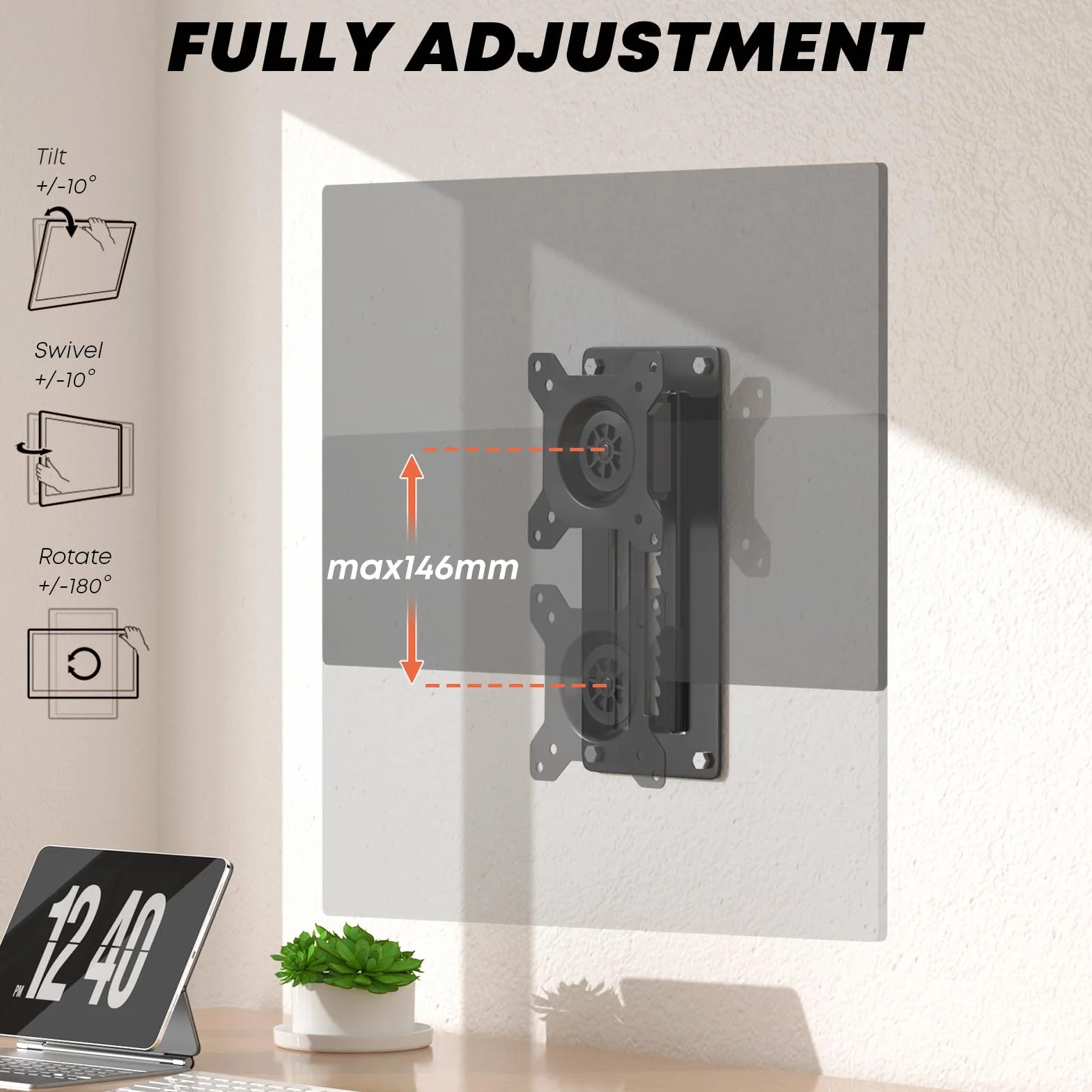 Support Mural Ecran PC Réglable Pivotant Inclinable pour Moniteur 13-35 Pouces VESA 100x100mm 10 kg