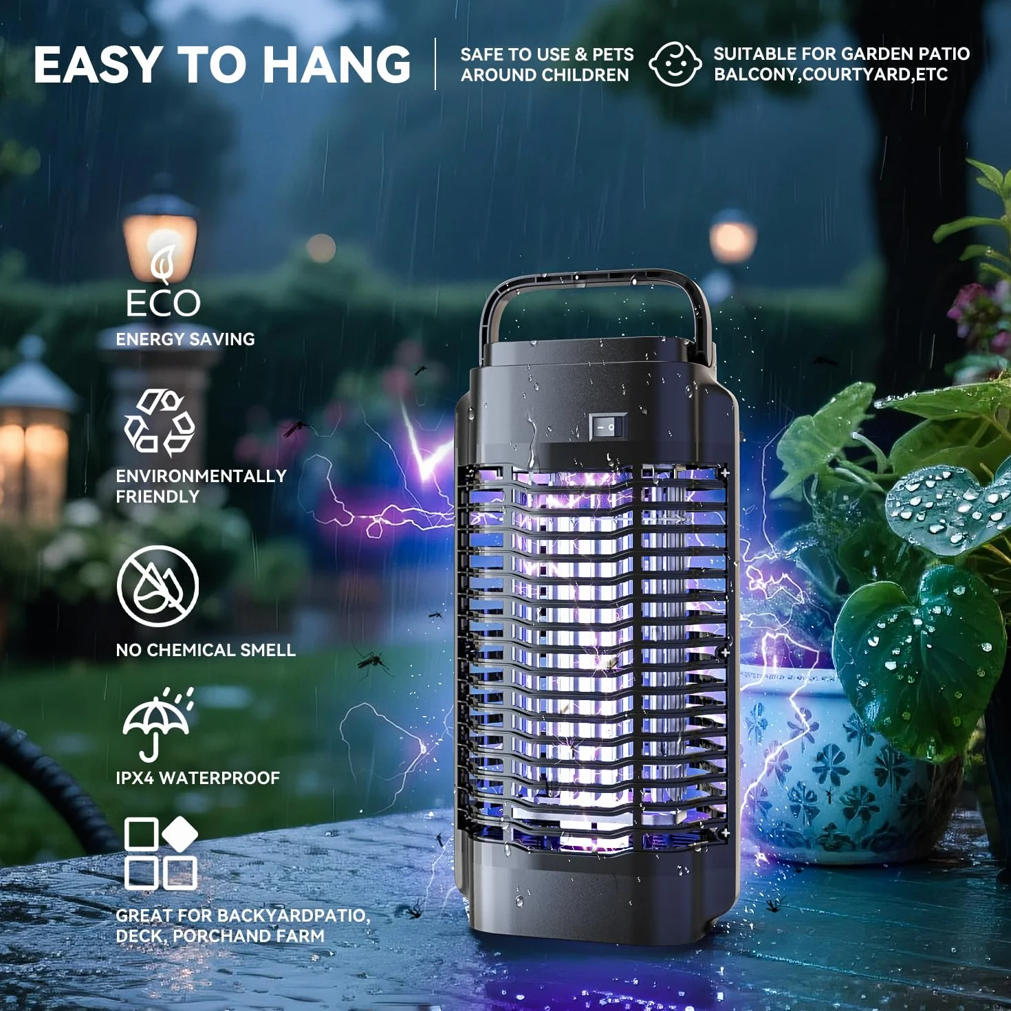 Lampe Anti Moustique Tueur d'Insectes Électrique 4200V Haute Puissance Résistant à l'Eau Intérieur Extérieur