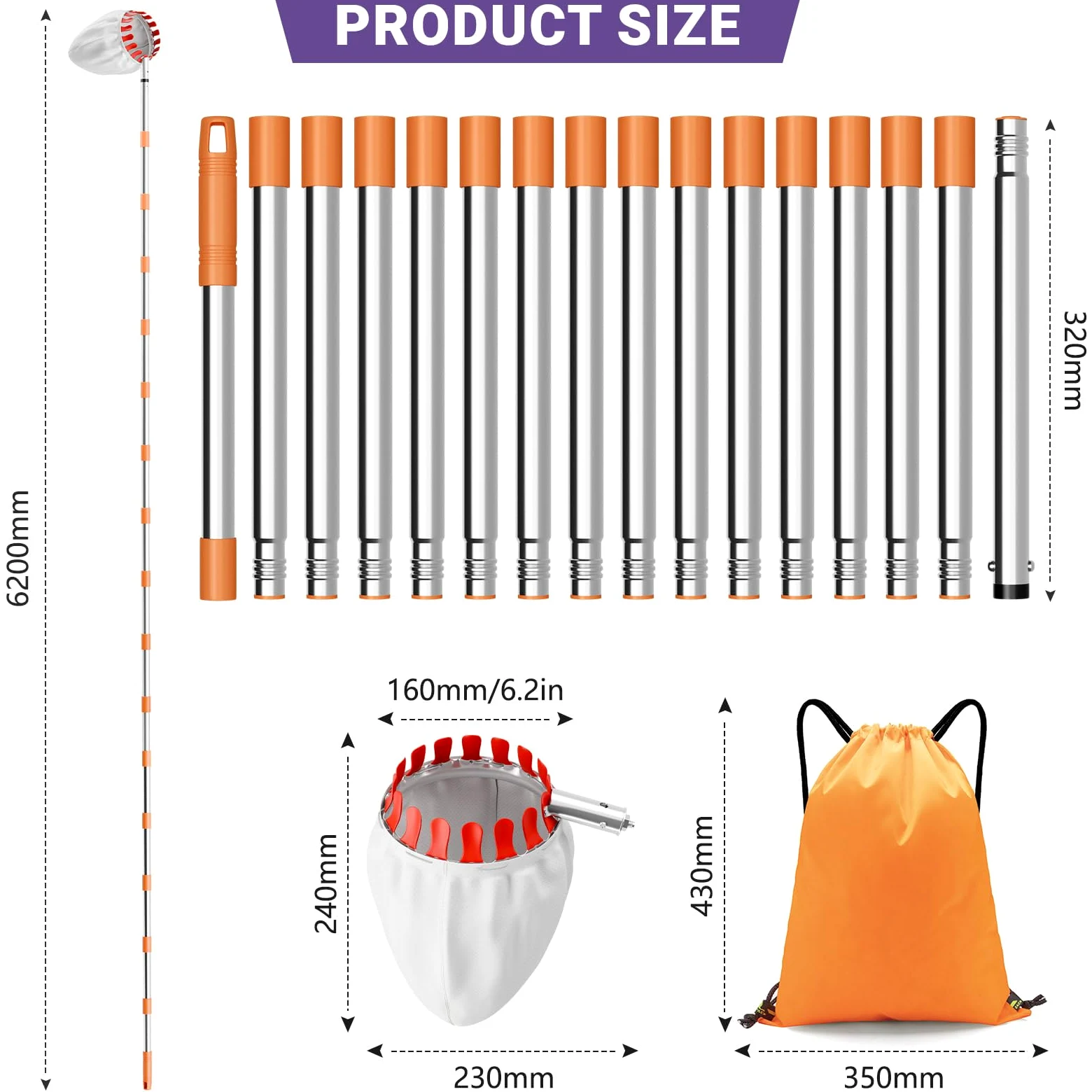 Cueilleuse à fruits avec manche télescopique de 6 m - Diamètre : 16 cm | Cueilleuse à prunes avec sac de rangement