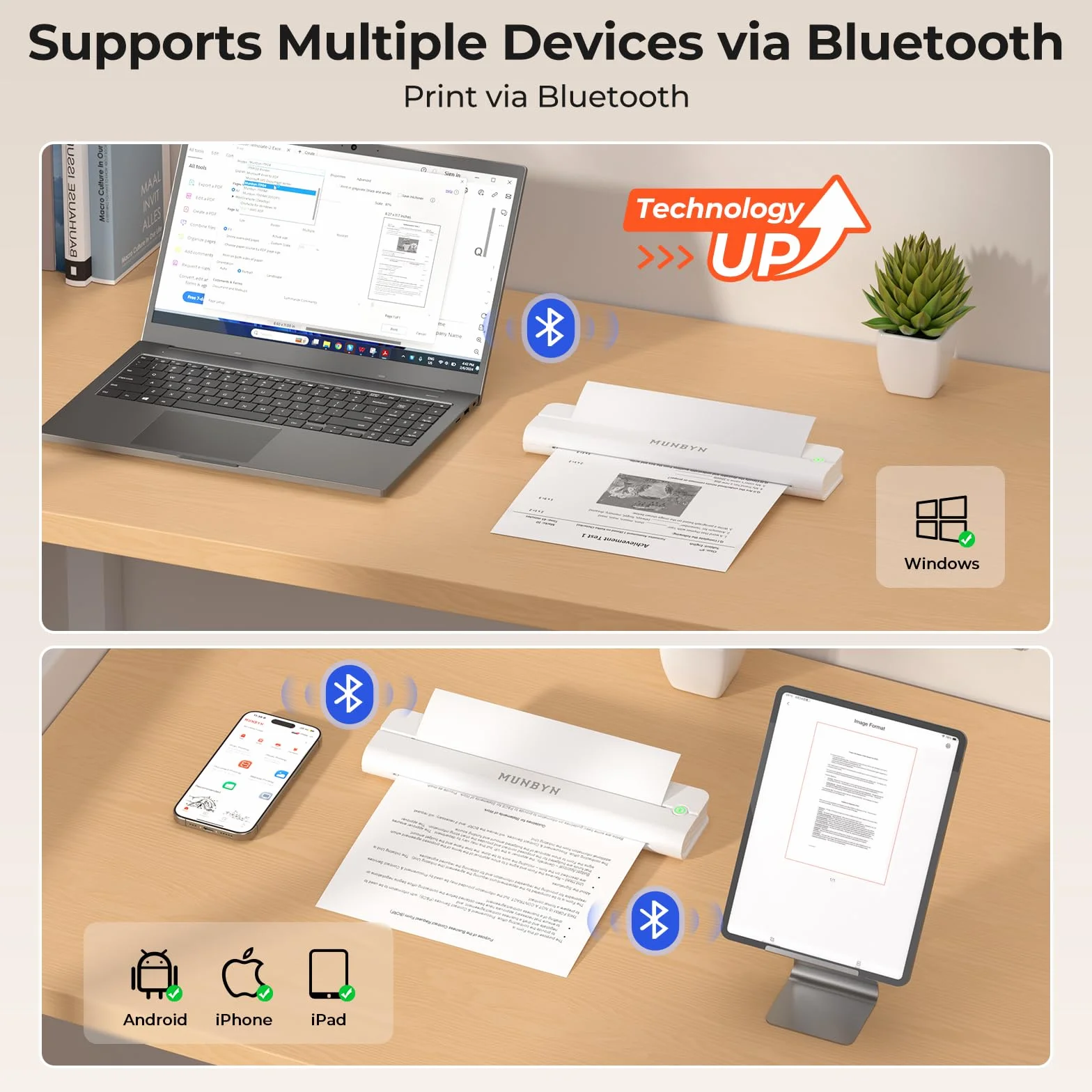 MUNBYN ITP02 Imprimante Thermique A4 Bluetooth Portable sans Fil pour Voyage Compatible Android iOS Blanc