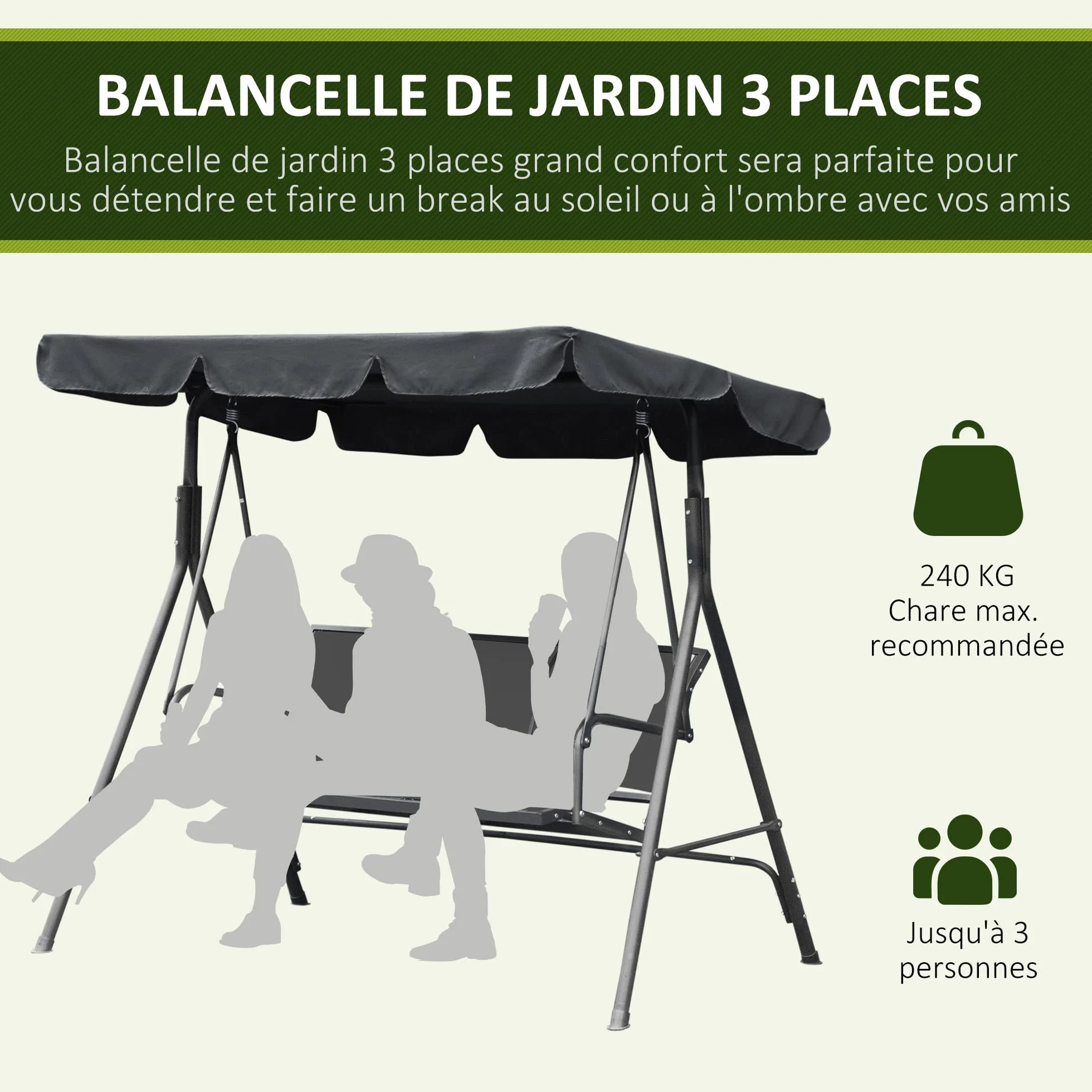 Outsunny Balancelle de Jardin 3 Places Toit imperméabilisé Acier Gris