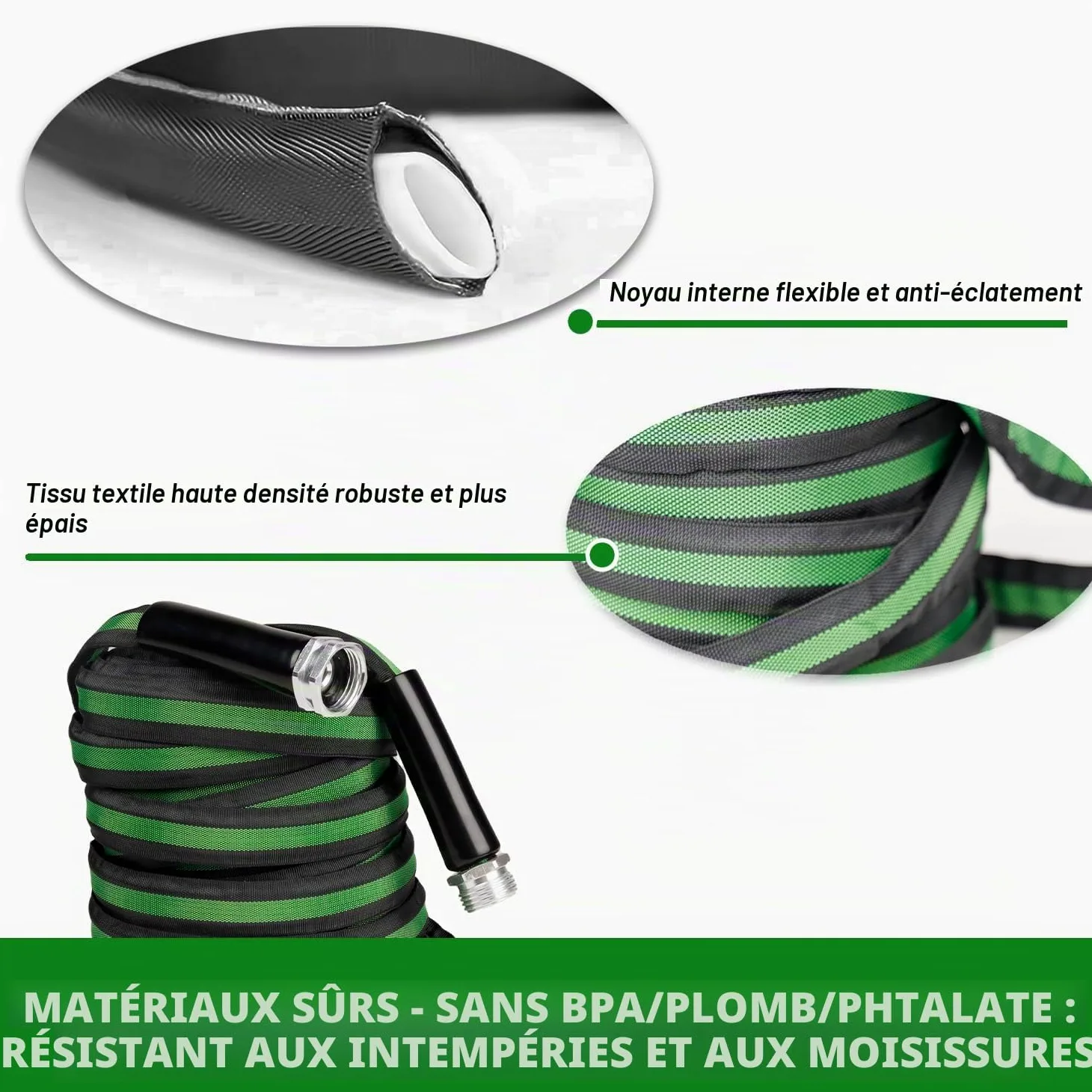 HERZO Tuyau d'arrosage flexible en textile de 15 m avec tuyau intérieur en PVC, léger, peu encombrant, résistant aux intempéries, avec raccords en aluminium robustes