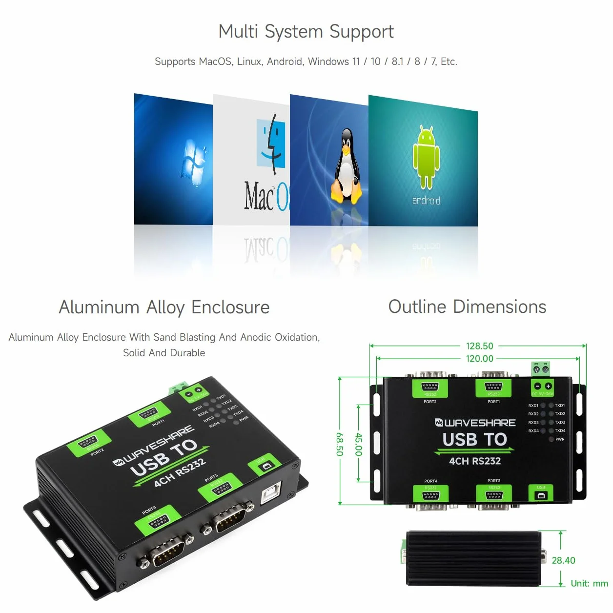 Waveshare Industrial Isolated USB to 4CH RS232 Converter DB9 Female FT4232HL High-Speed Stable Communication