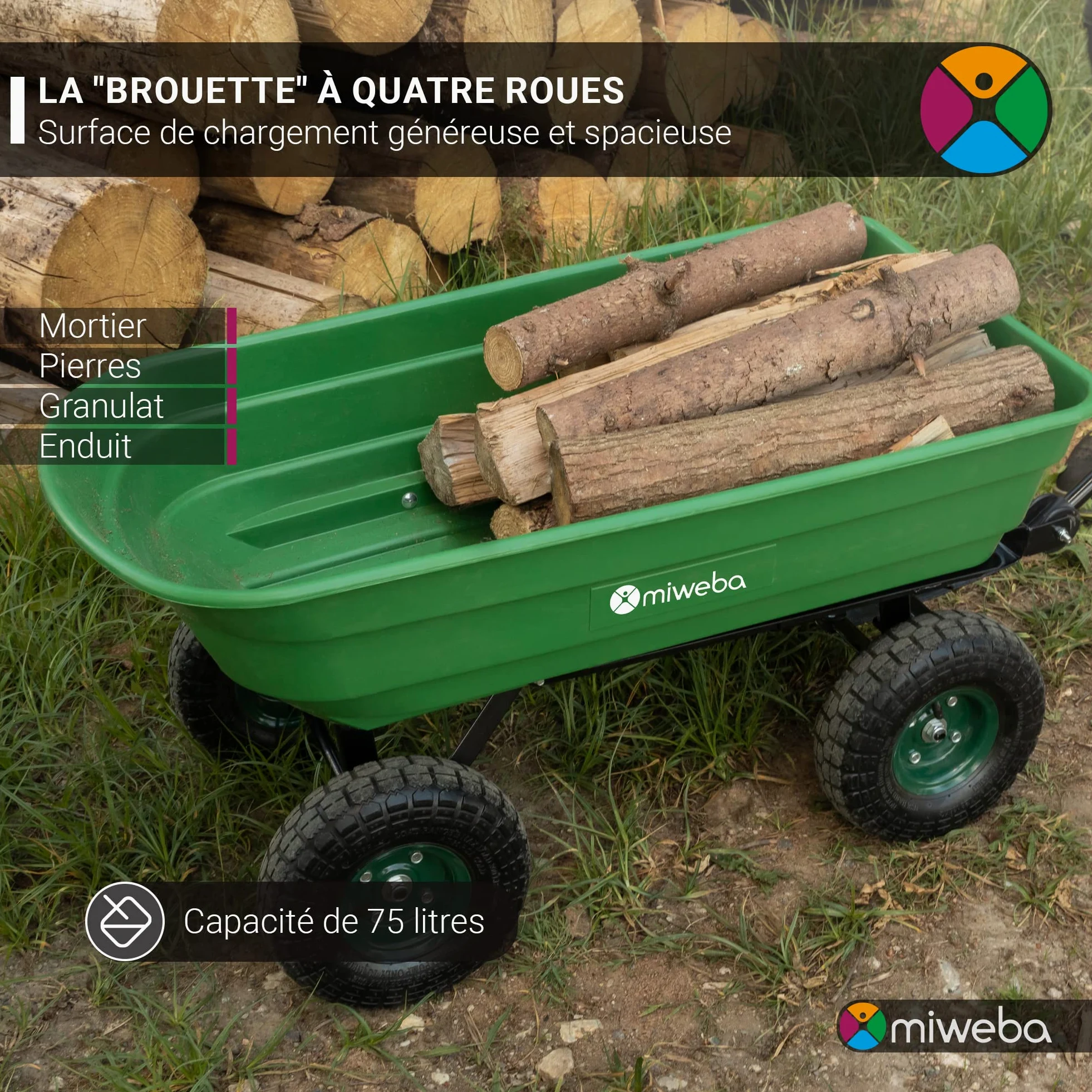 Miweba Chariot de Transport Dumper | Capacité 300 kg - Bac en PP - Basculement - Chariot à Main - Attelage - Essieu Directeur - Pneus gonflables - Brouette - Chariot de Jardin (Gris) | Fonction basculante - Volume 75 l - Diable - Brouette - Chariot de tra