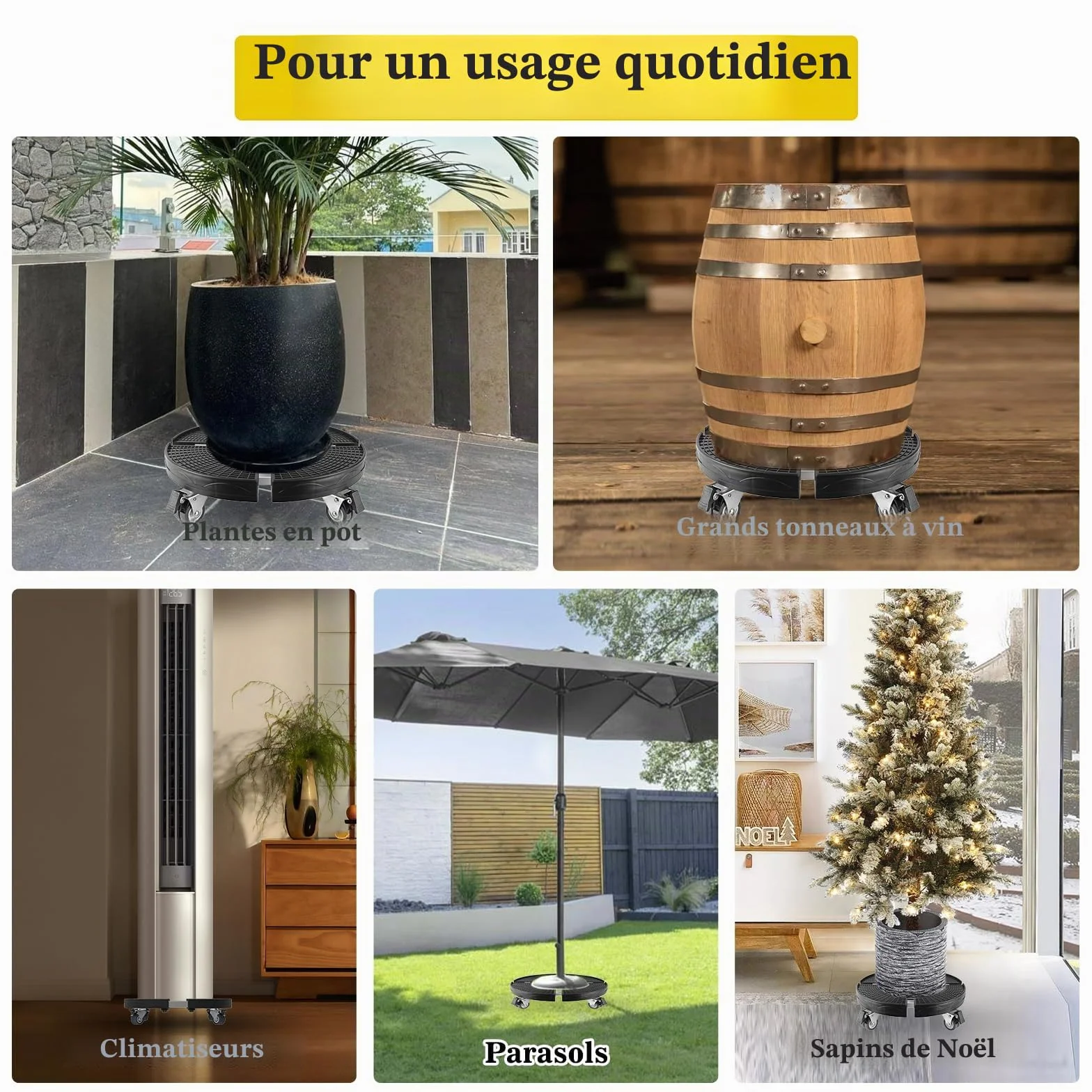 Porte Plante à Roulettes Réglable Ø38-59cm, Chariot pour Plantes d'Extérieur Capacité 200 kg, Support Plante Noir avec Roues 360°
