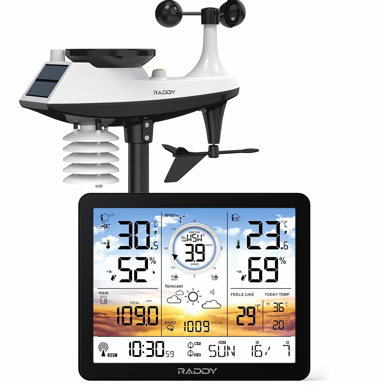 Raddy AG7 Station météo sans fil, Thermomètre intérieur/extérieur, Écran numérique 7,4'' coucher de soleil, Horloge atomique, Contrôle température et humidité, Prévisions et pression barométrique