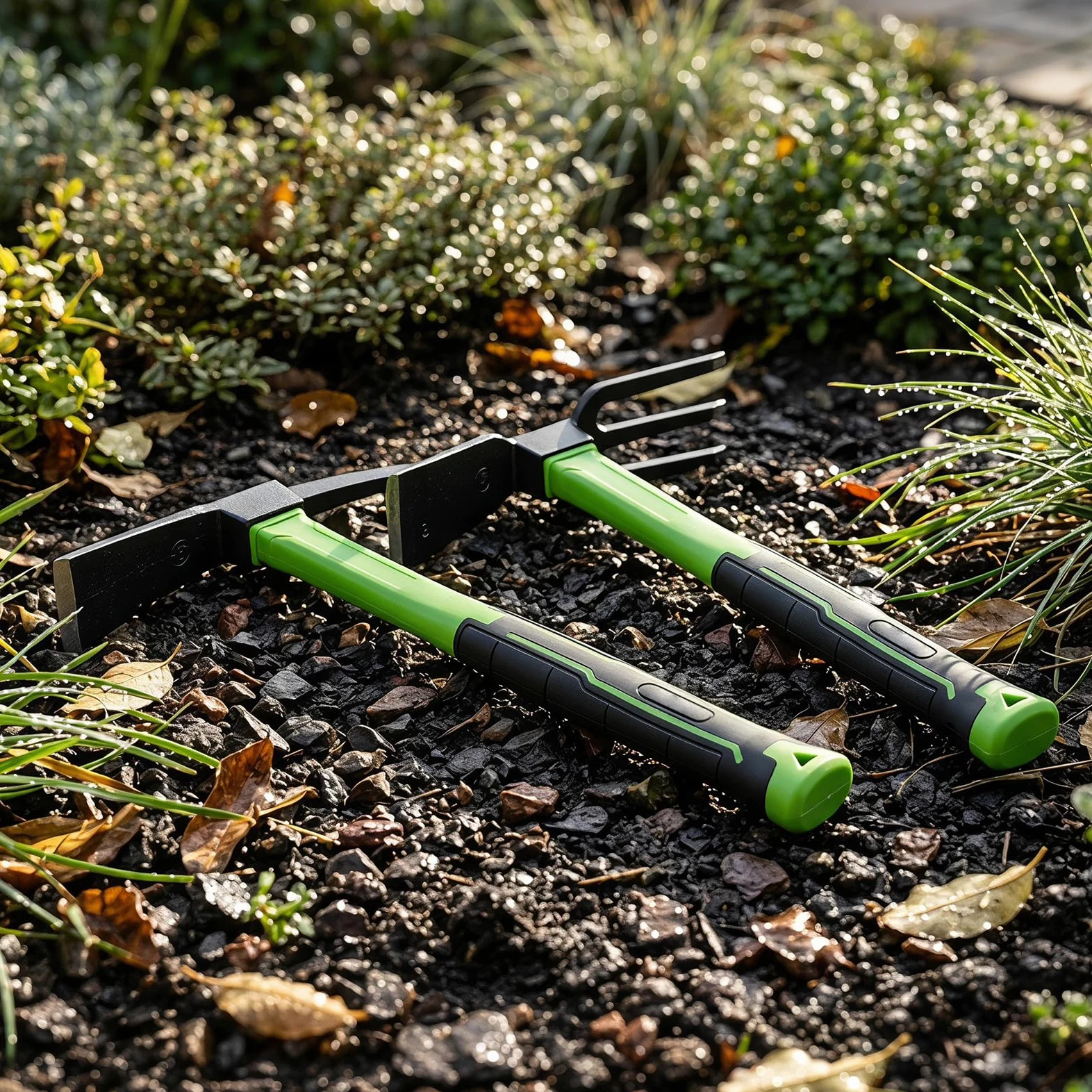 INOOMP Ensemble de 1 houe, cultivateur et râteau à main pour jardin, | Houe et râteau robustes en acier au manganèse, outils de désherbage et de bêchage avec trou de suspension pour