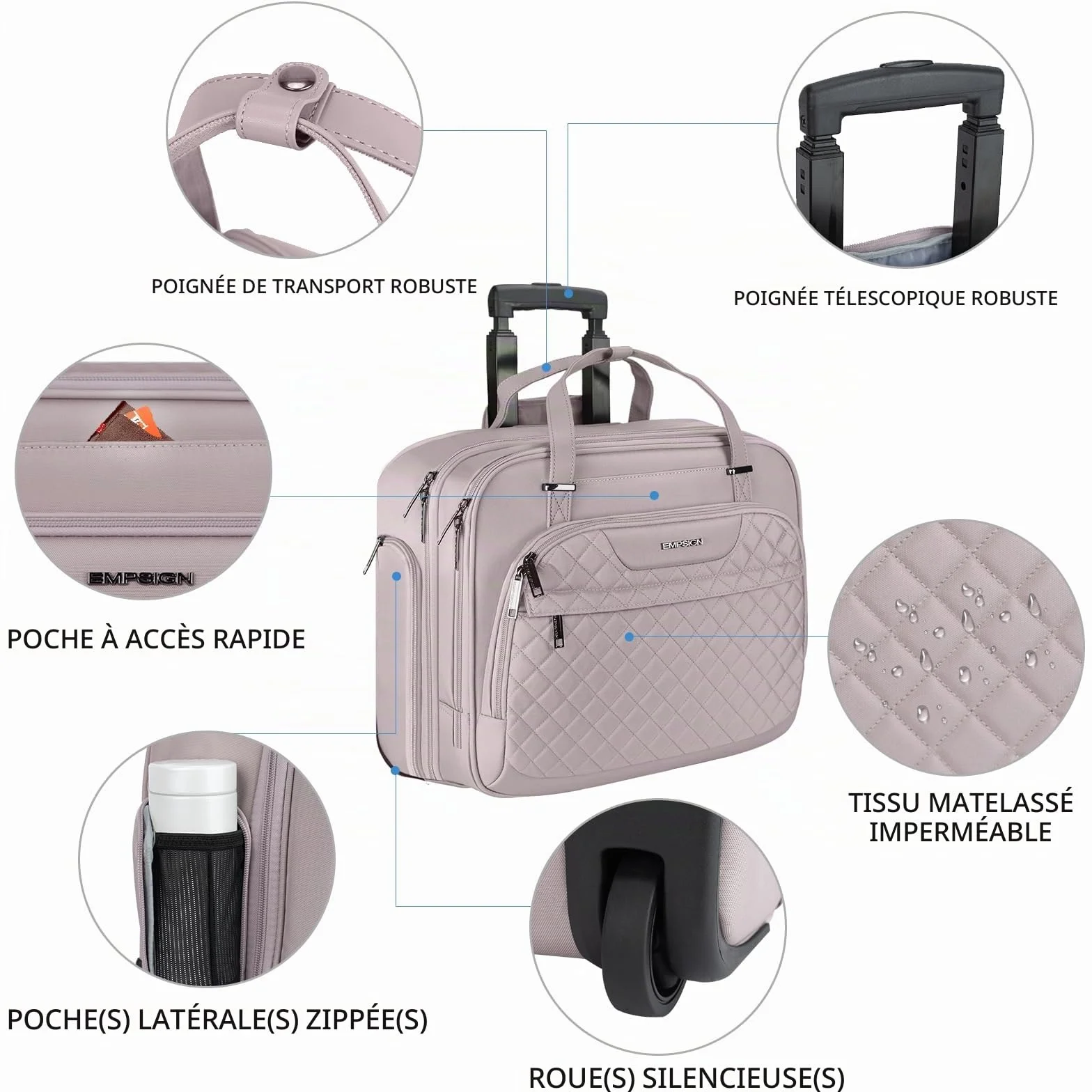 EMPSIGN Sacoche à roulettes pour Ordinateur Portable 15,6 Pouces Imperméable Trolley avec Poches RFID, Rose