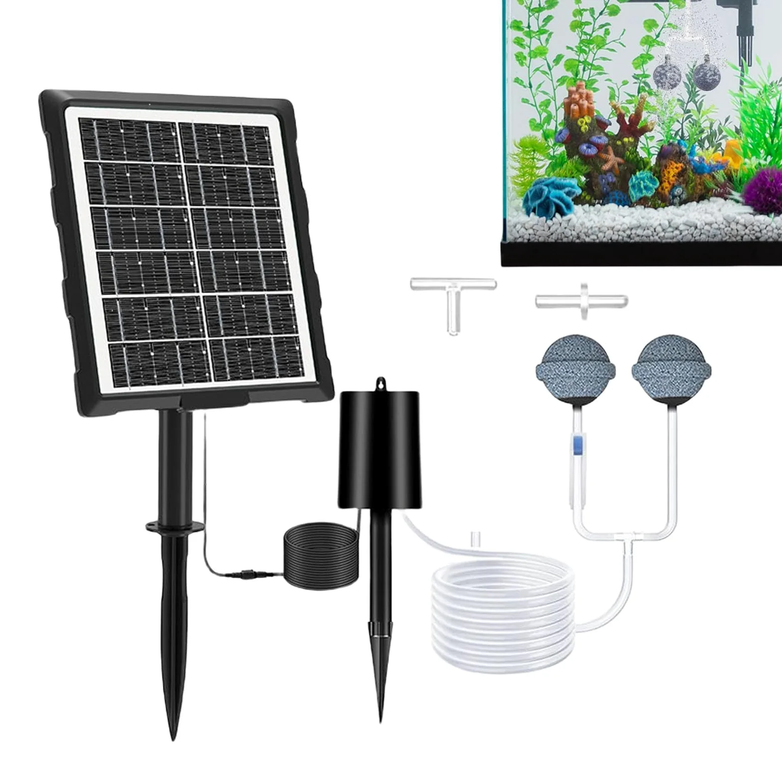 Aérateur Solaire pour Étang Oxygénateur Solaire pour Aquarium | Système D'oxygénation Avec Tuyau Et Pierre À Bulles Pour Bassin De Jardin Extérieur