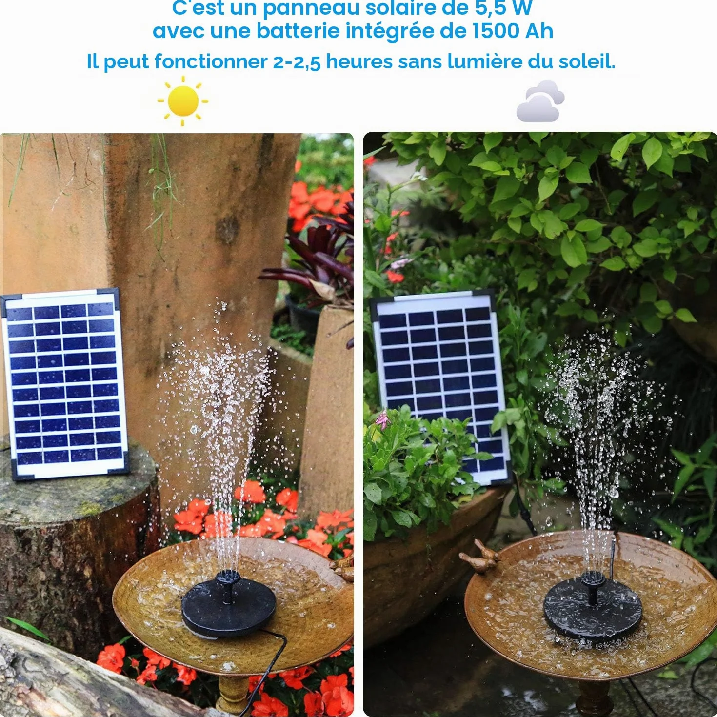 AISITIN Fontaine Solaire Flottante 5,5 W avec Batterie | Pompe pour Bassin Jardin Aquarium Bain d'Oiseaux et Étang Extérieur