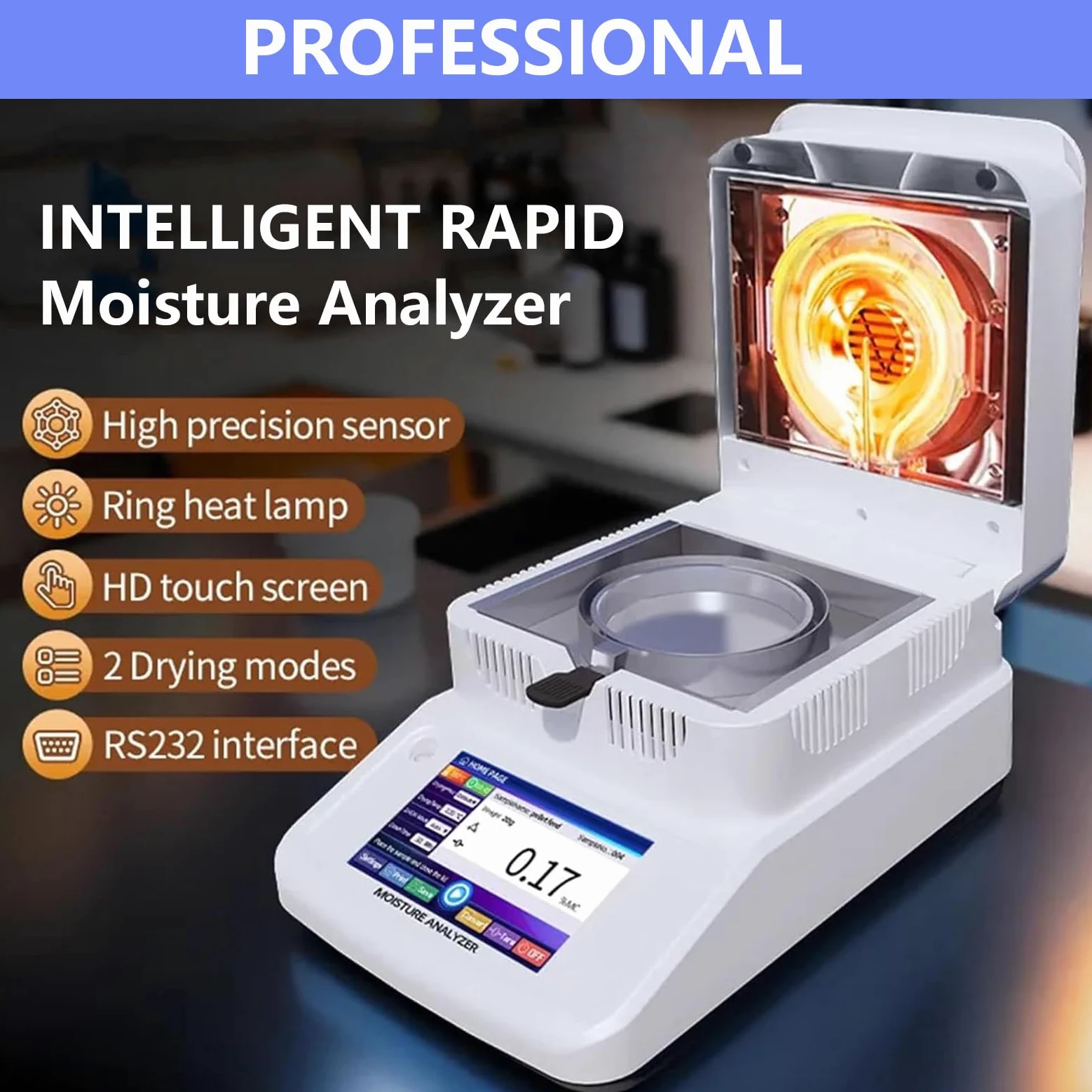 Humidimètre numérique, analyseur portable pour aliments, plantes et matériaux de construction, capacité de 120 g, lisibilité de 0,001 g, plage de température 40 à 230 °C