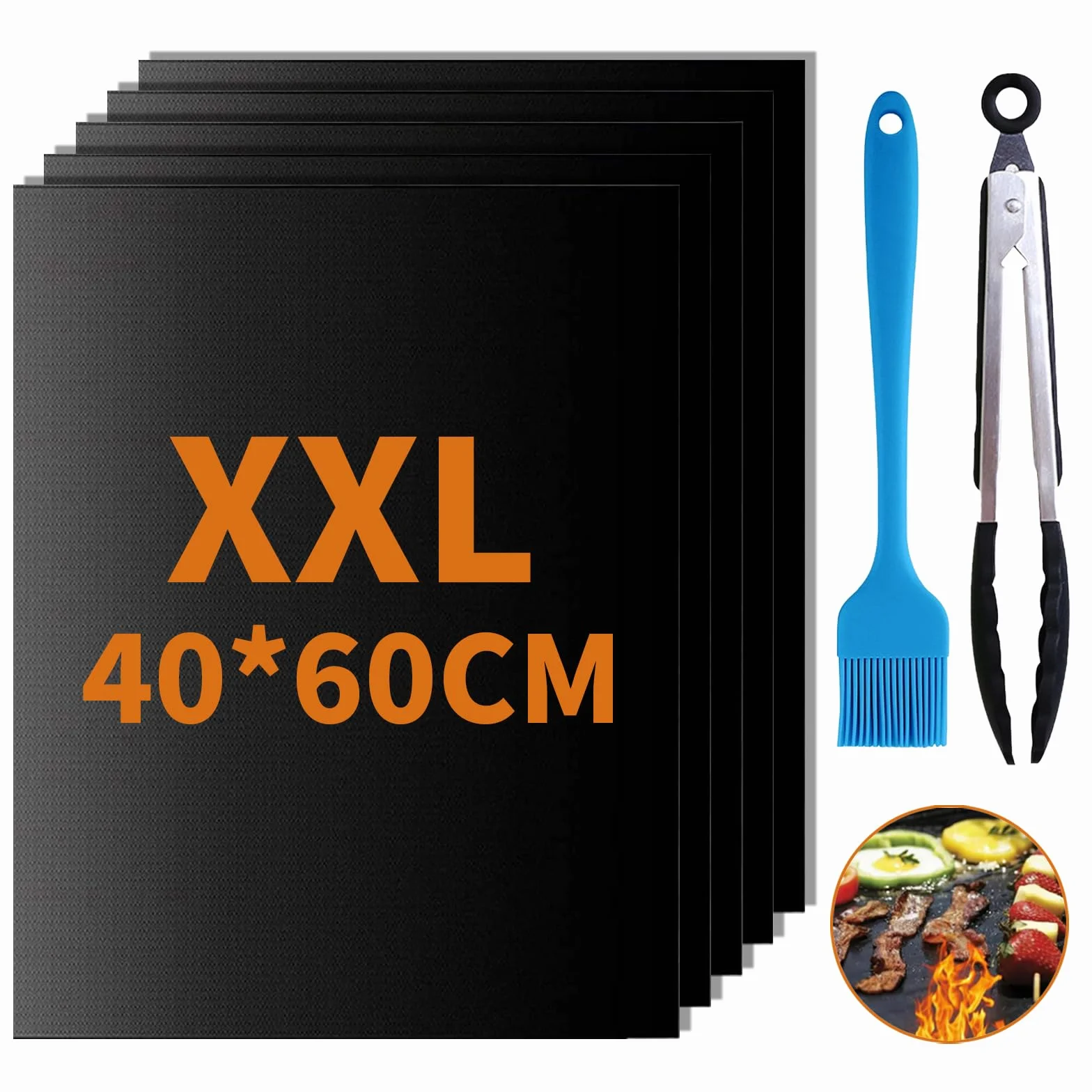 Lot de 5 Tapis Barbecue 60x40cm Anti-adhérent Téflon Réutilisable avec Brosse et Clip