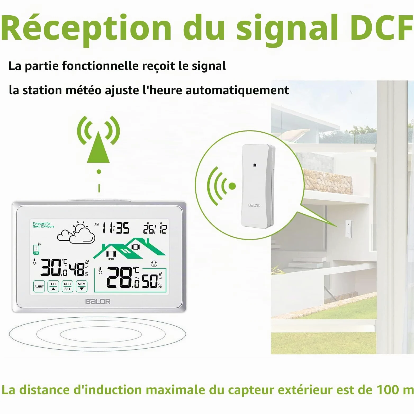 BALDR Station Meteo Interieur Exterieur Sans Fil, Horloge Umérique DCF Thermomètre Intérieur Avec Prévisions Météo de Ventilation et Rétro-éclairage