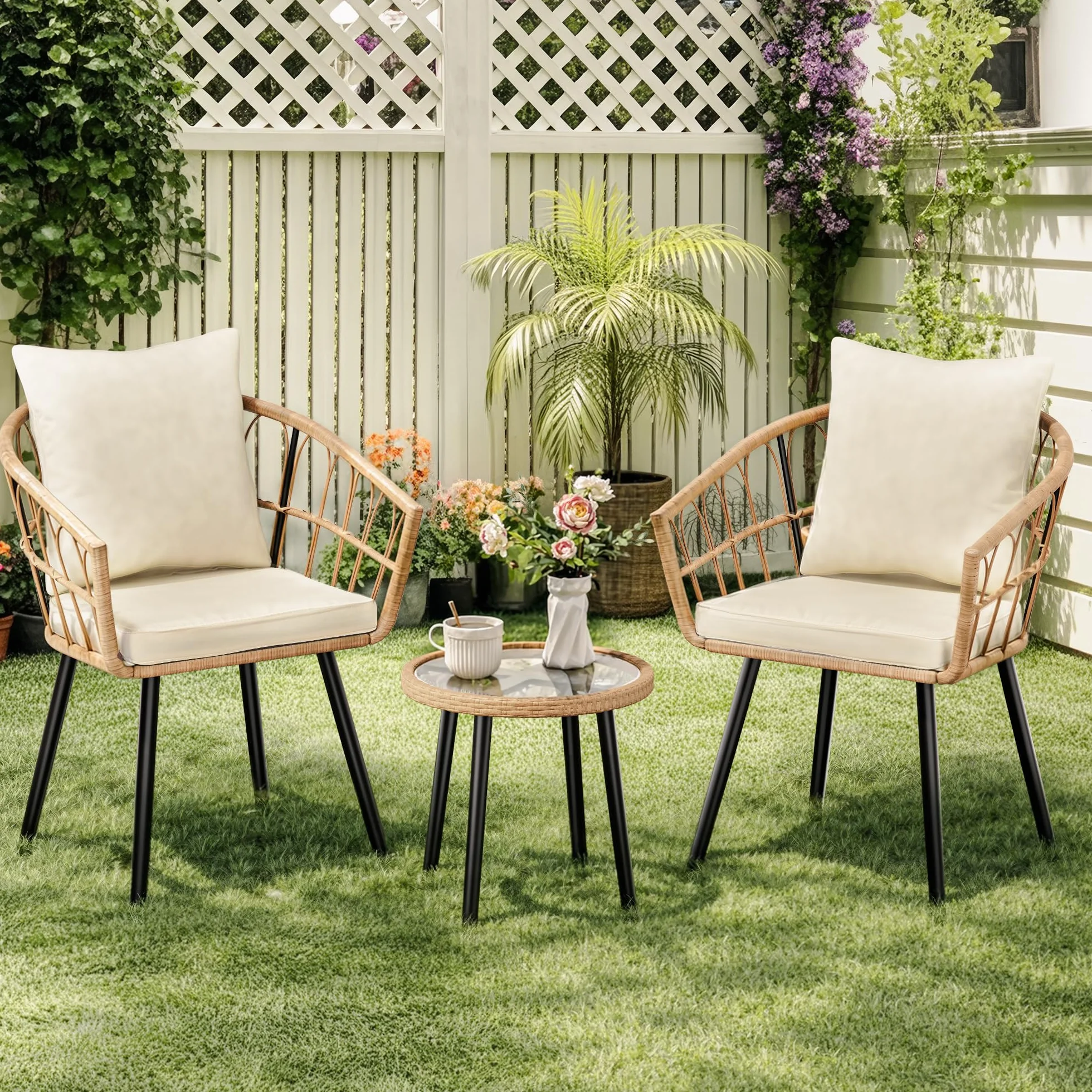 Pamapic Salon de Jardin 3 Pièces Ensemble Meubles de Jardin en Rotin avec Table Ronde et 2 Chaises