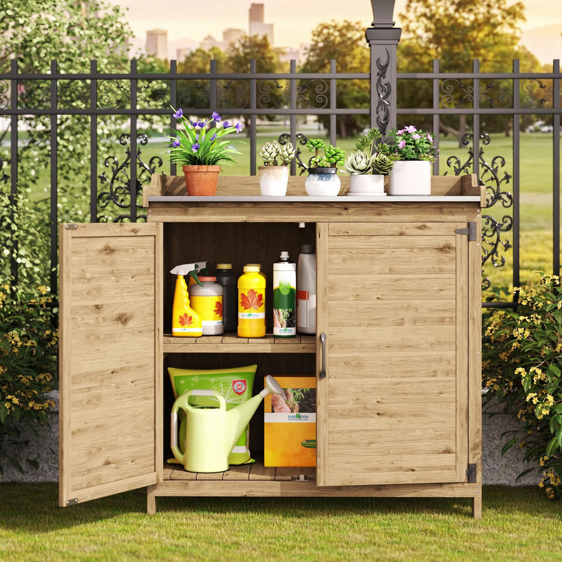 Bealife Table à Plantes avec Rangement 98x48x95 cm Naturel