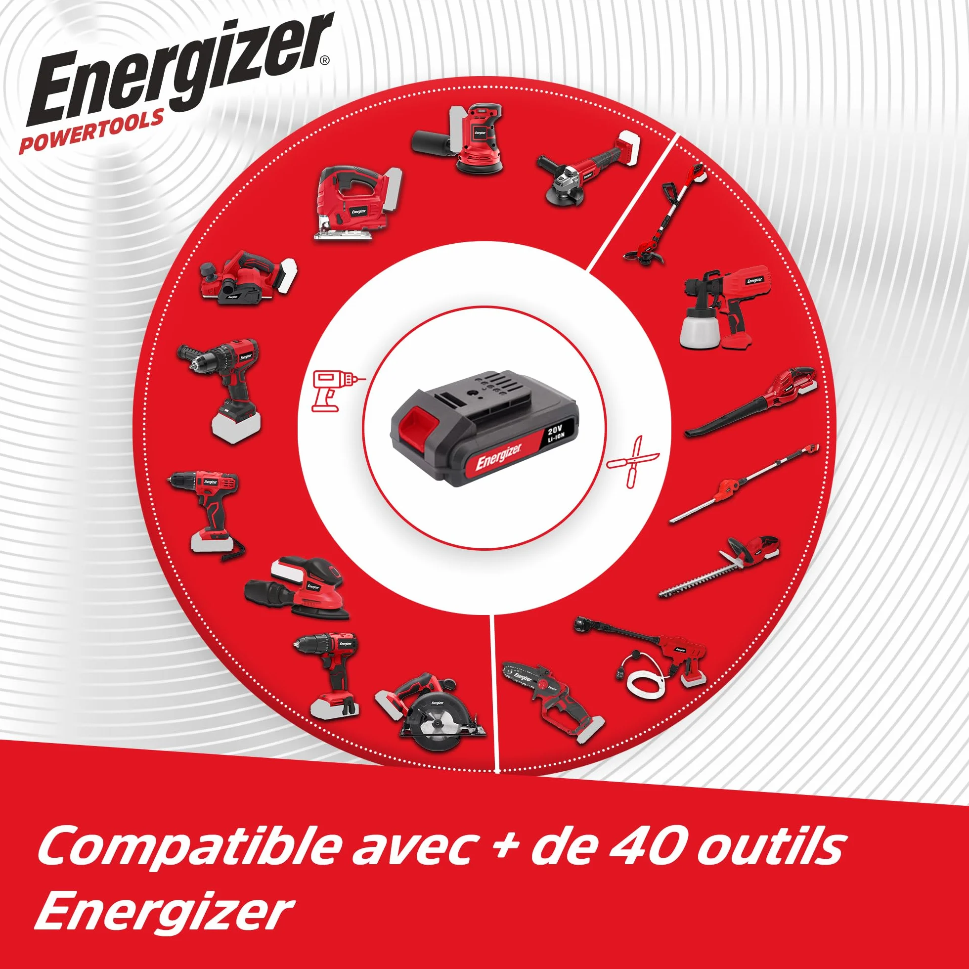 Energizer – Tronçonneuse Sans Fil 20V, Lame 120 mm – Vitesse 5 m/s – Ultra Compacte, Poignée Soft Grip – 2 Chaînes + Huile Incluses – Inclus 2 Batteries 2AH + Chargeur rapide Idéale Élagage, Jardinage