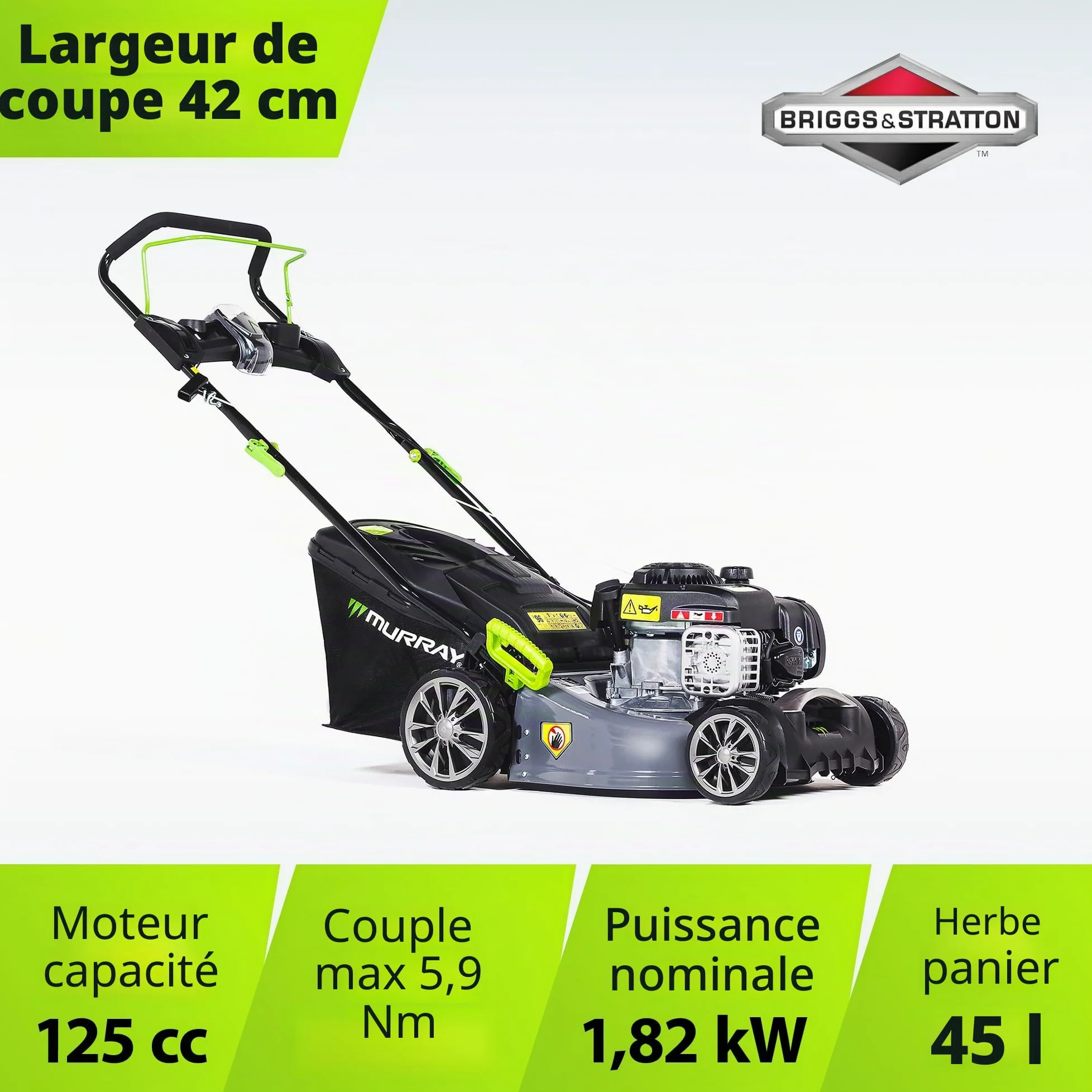 Murray Tondeuse Gazon Thermique "EQ2-300" - Tondeuse à Gazon Essence Poussée 2 en 1, 42cm - Bac à Gazon 45L pour Petites et Moyennes Pelouses - Tondeuse Thermique avec Moteur Briggs & Stratton