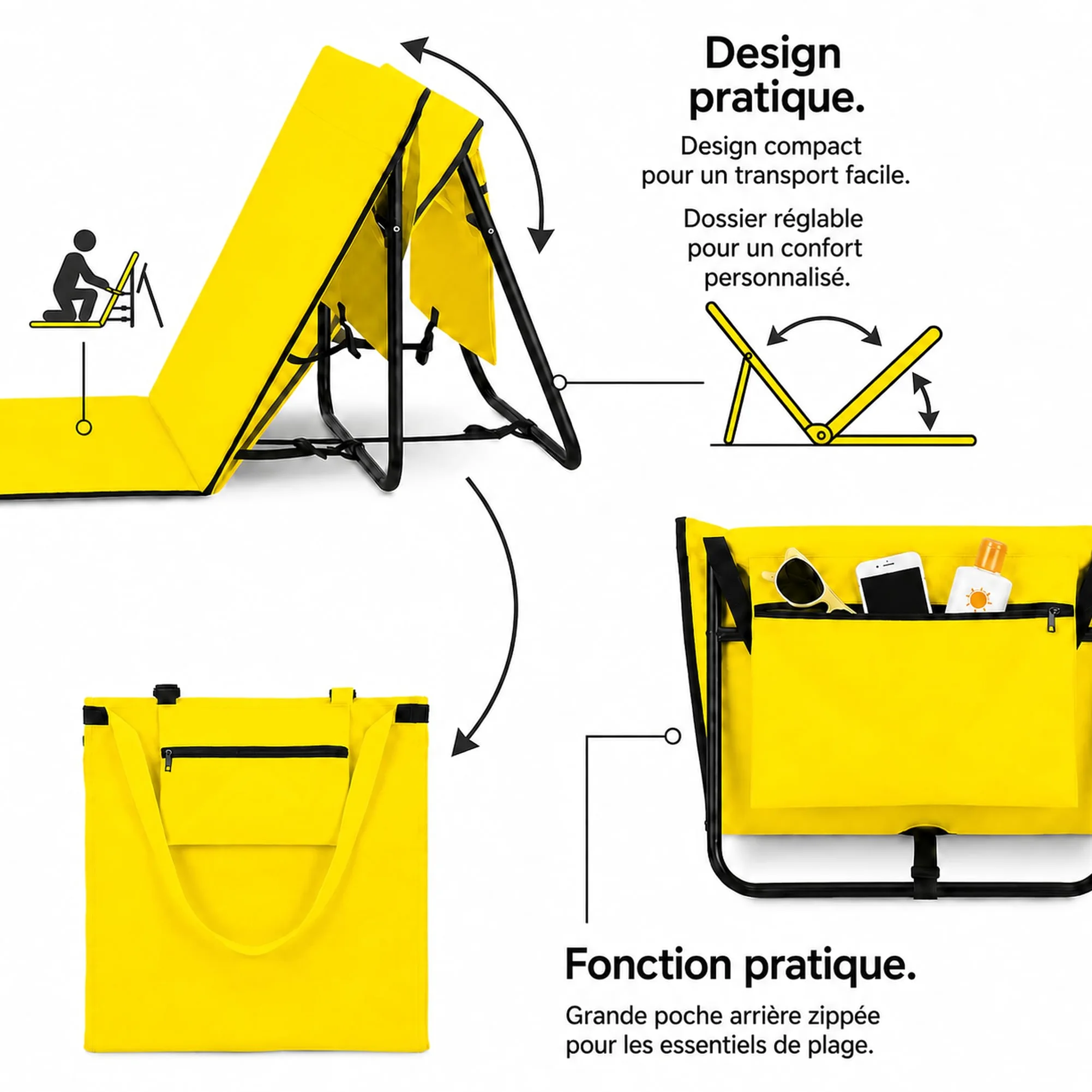 Drift Savage Lot de 2 chaises longues de plage pliables (Jaune soleil) | Matelas de plage légers et rembourrés avec dossier réglable, bandoulière et poche, pour camping, piscine et voyage