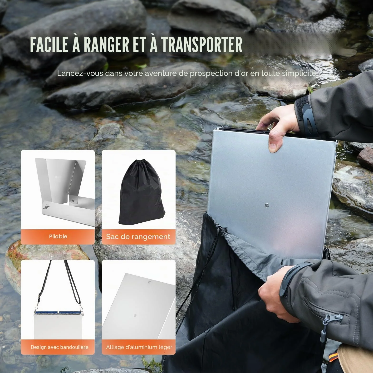 VEVOR Kit d'Orpaillage Portable 23 Pièces 127 cm Rampe d'Orpaillage en Aluminium avec Bâtée Tamis Pipettes Pelle
