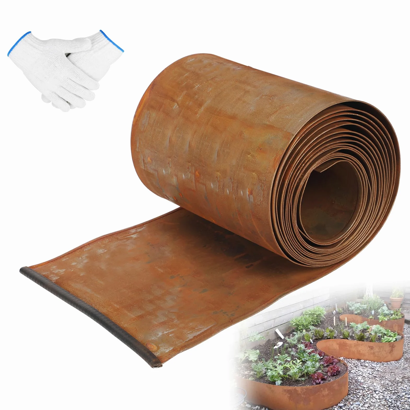 Bordure de pelouse en acier Corten 5 m x 20 cm - Bordure de parterre en métal aspect rouille - Bordure de pelouse flexible - Avec 1 paire de gants - Pour délimiter les parterres de fleurs, les allées