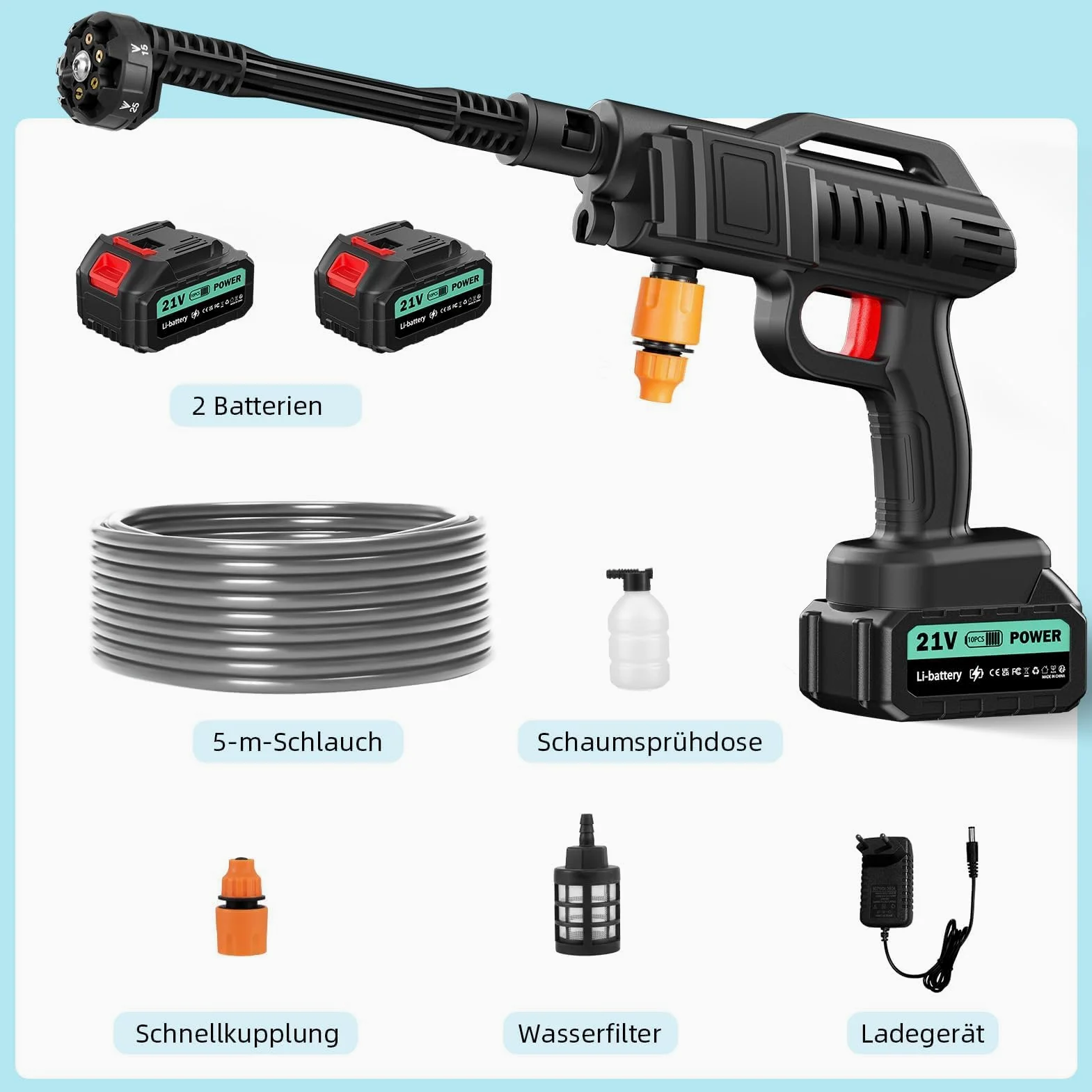 papasbox Nettoyeur Haute Pression sans Fil 100 Bar 270 l/h avec 2X Batteries de 3000 mAh pour Voiture Terrasse | Pistolet de Lavage Mobile Portable 6 en 1 Buse Tuyau de 5m